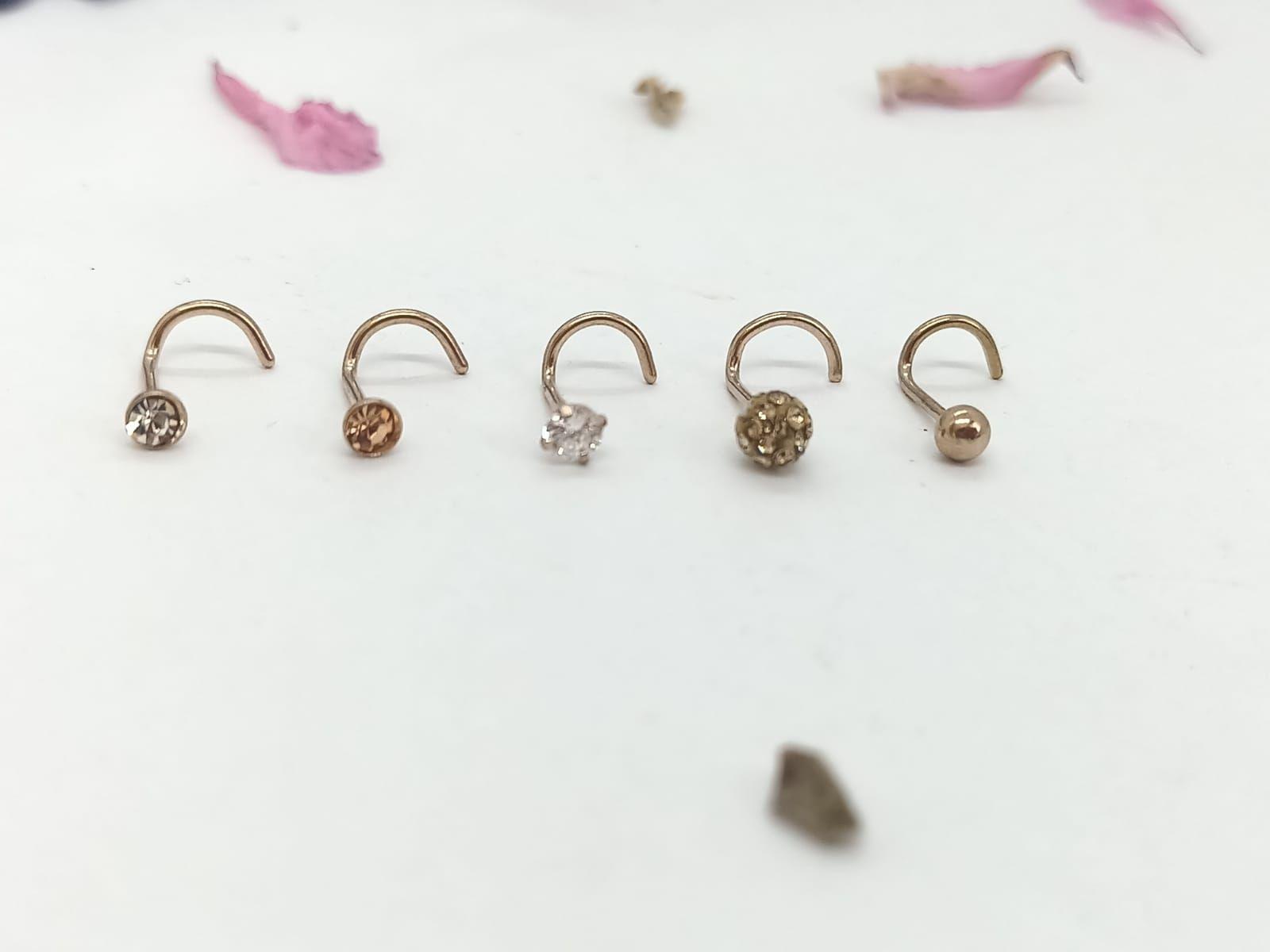 Set 5 Piercing Acero Quirúrgic Tipo S Nariz chapado oro rosa 14kl Nostril-5