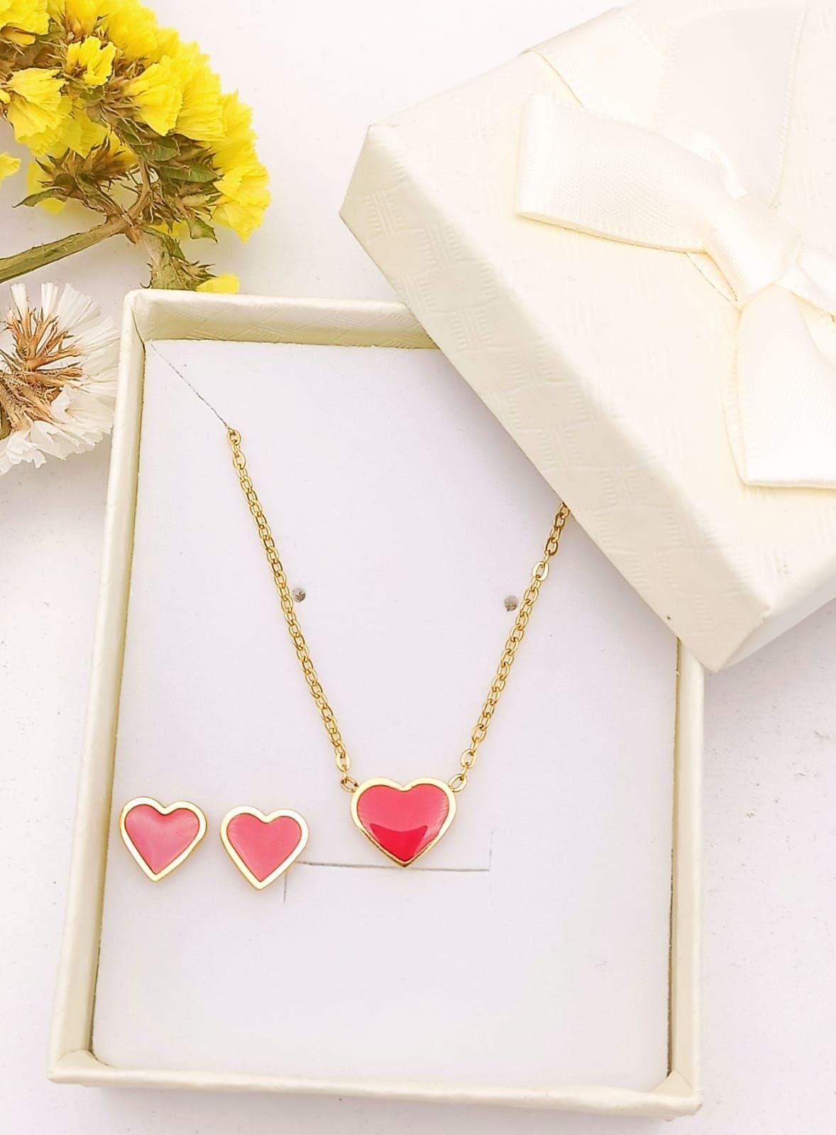 Set Conjunto Corazon Rojo Collar Abridores Chapado En Oro 18 kl-1