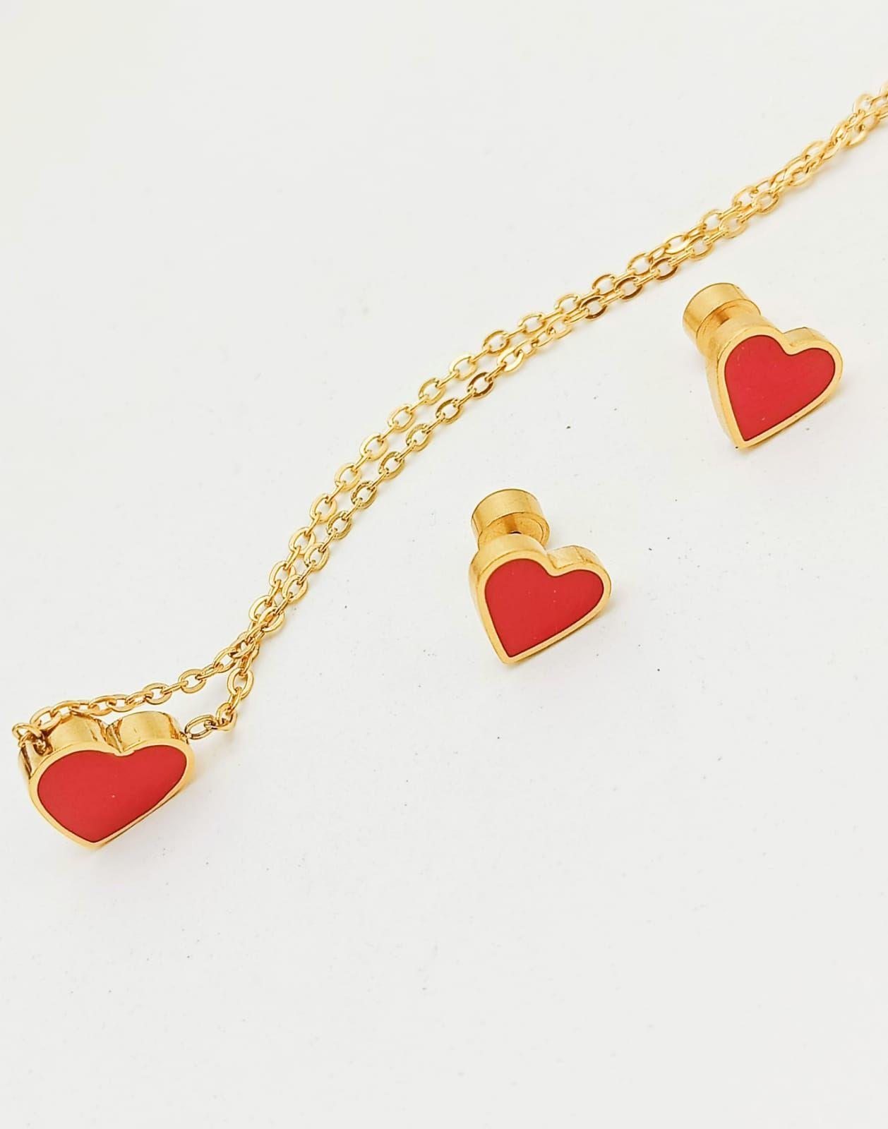 Set Conjunto Corazon Rojo Collar Abridores Chapado En Oro 18 kl-7