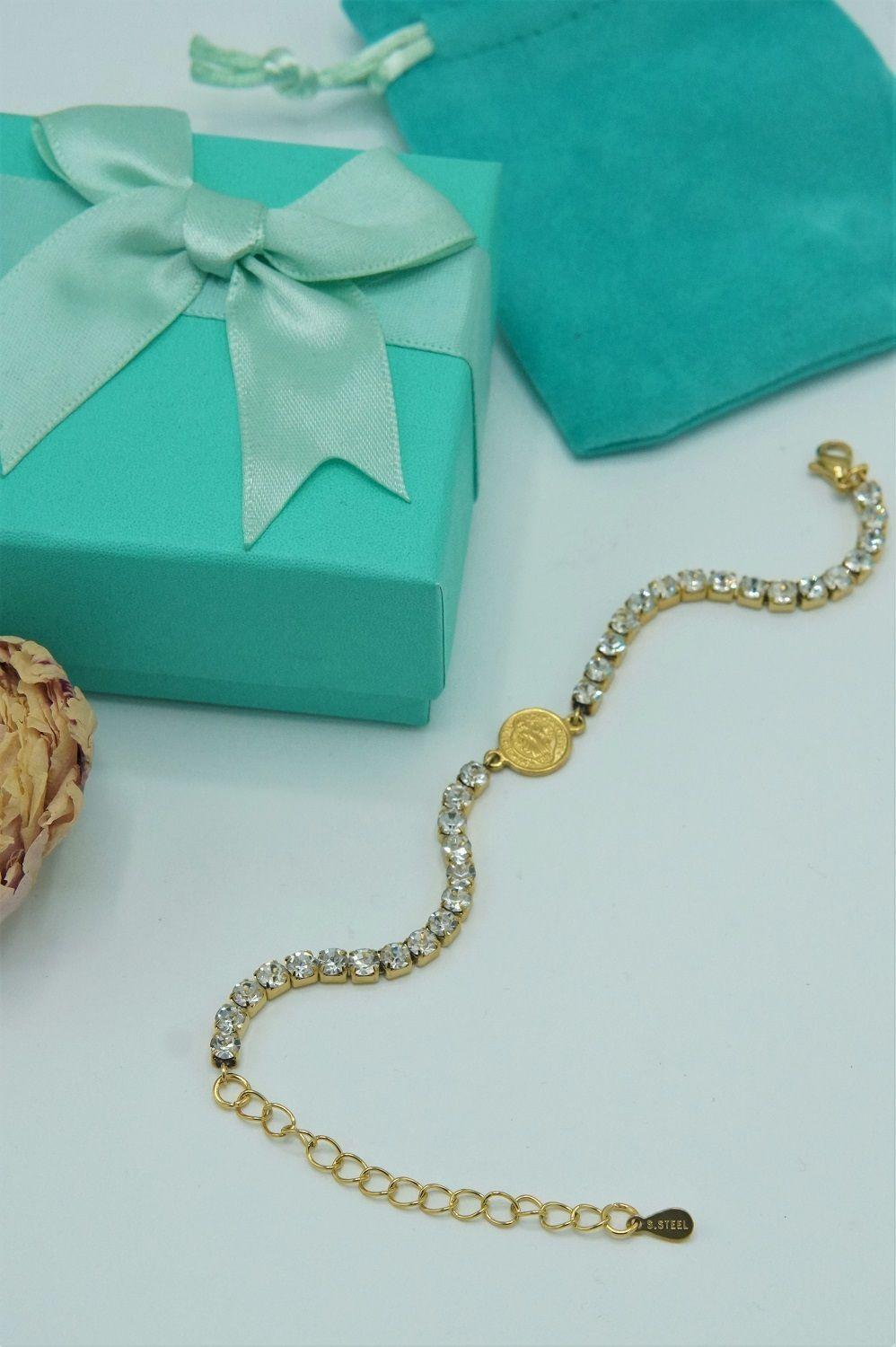 Pulsera San benito ajustable con zirconias chapada en oro 18k-3