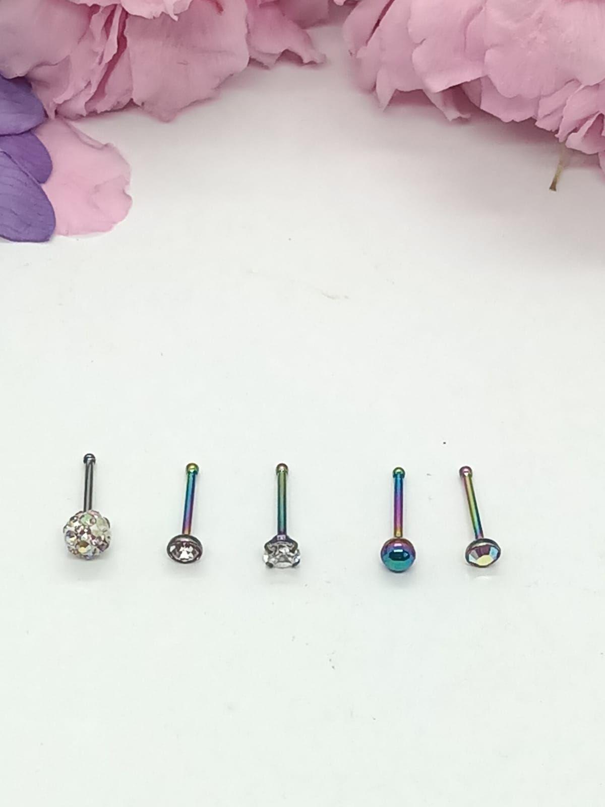 Set 5 Piercing Acero Quirúrgico Nariz Zirconia multicolor Nostril-2