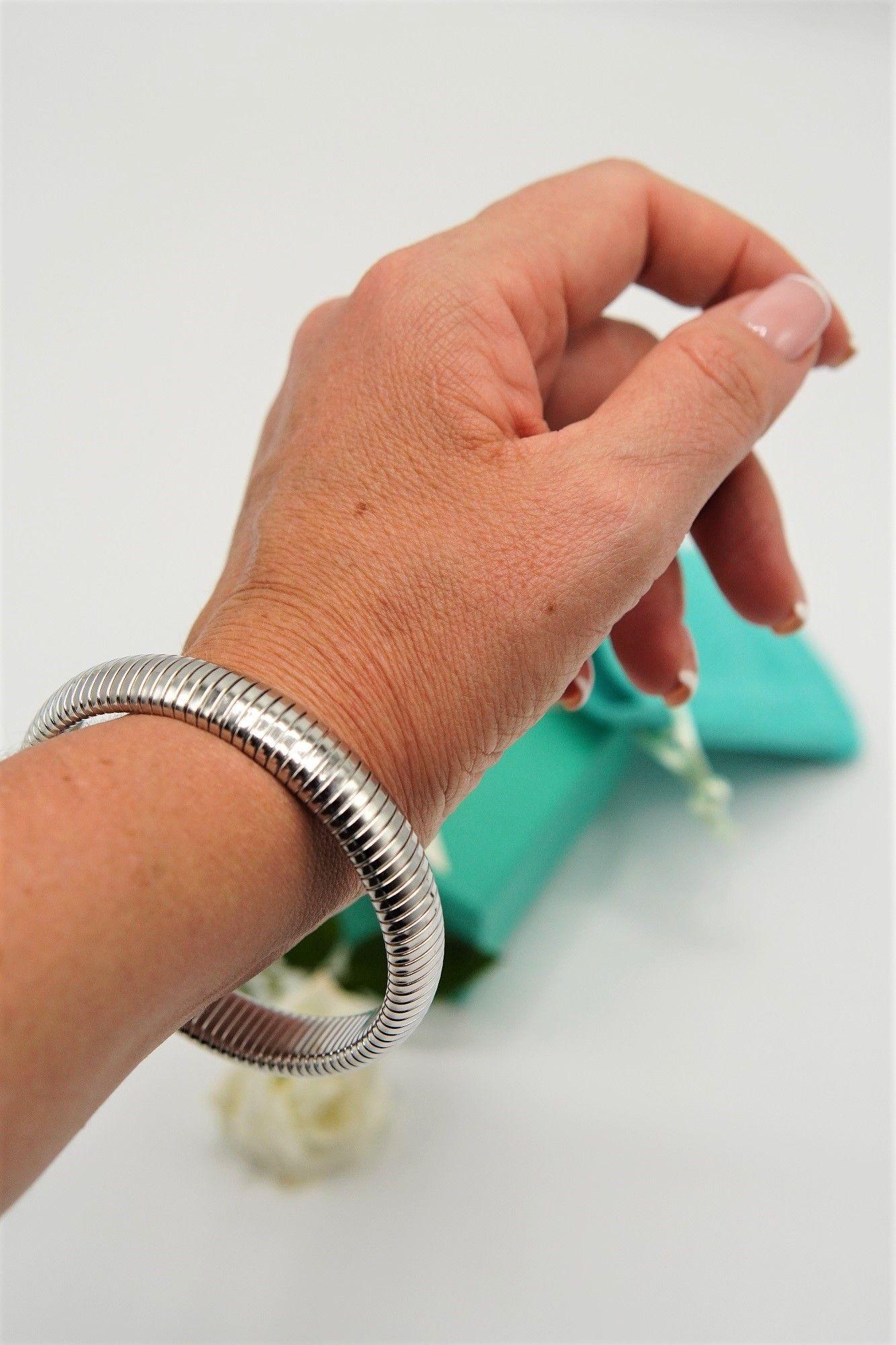 Pulsera elastica tejido de serpiente hipoalergenica plateada acero pulido-3