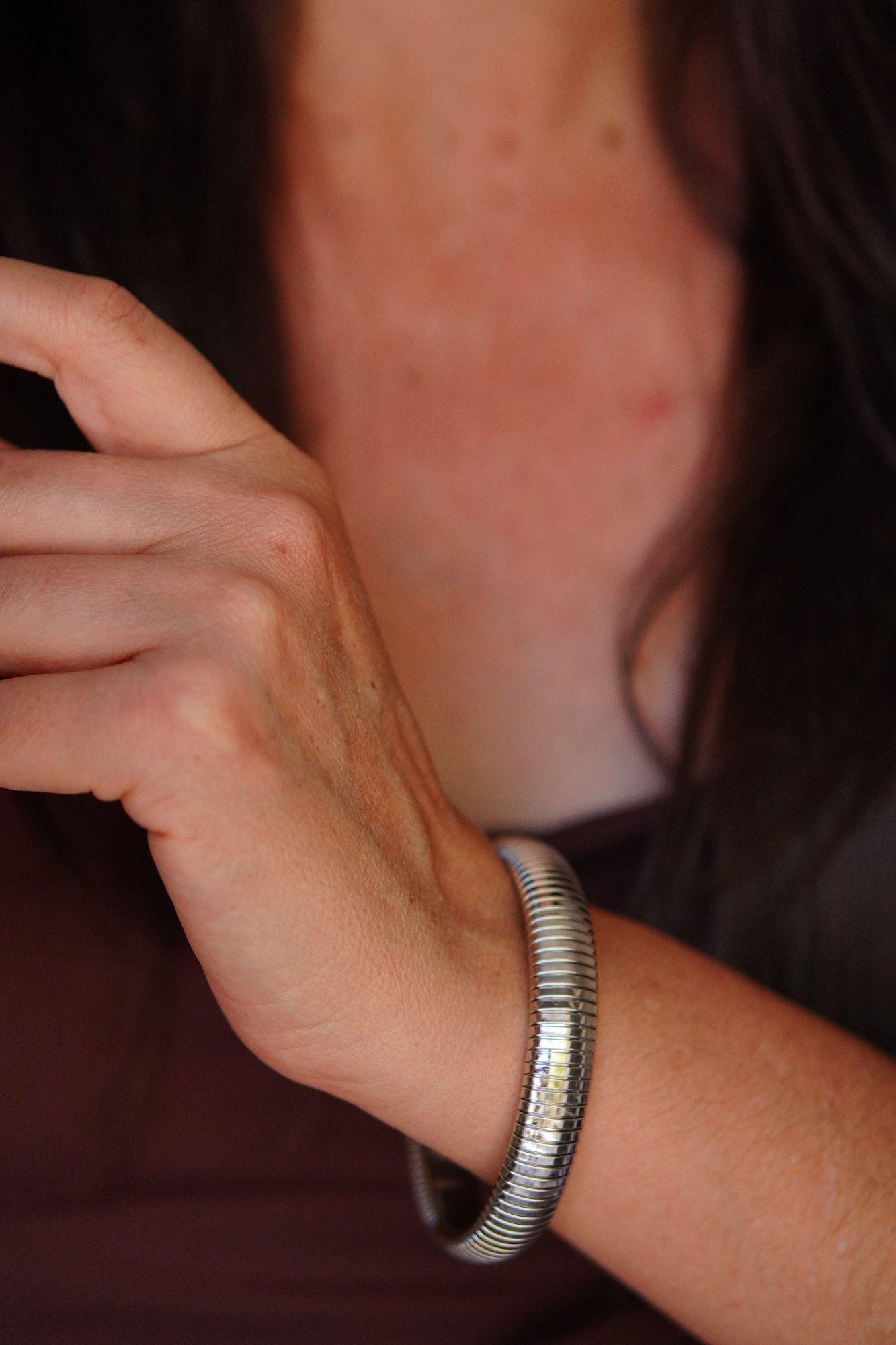 Pulsera elastica tejido de serpiente hipoalergenica plateada acero pulido-7