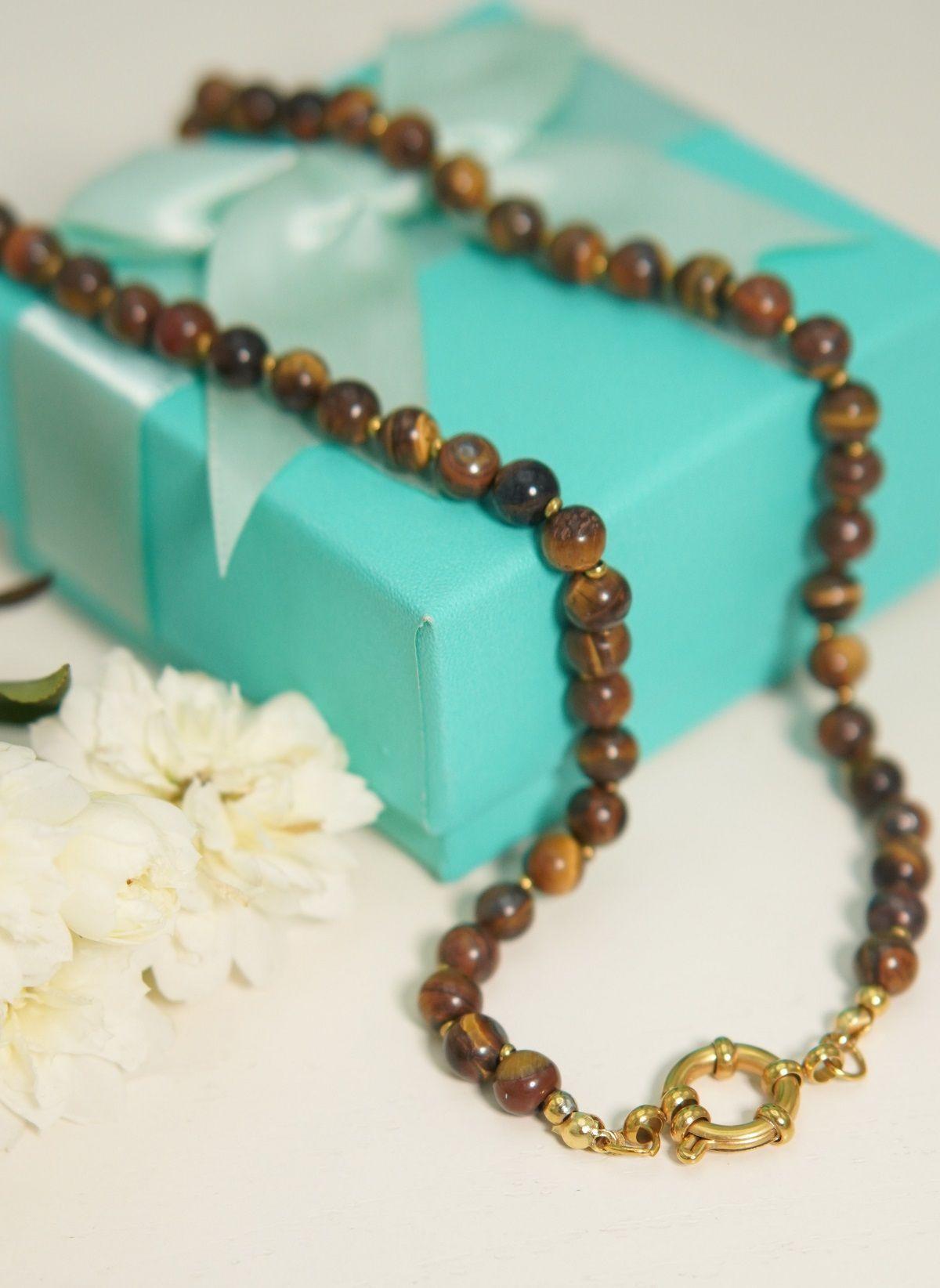 Collar gargantilla ojo de tigre 6mm chapado en oro 18k Terranova-4