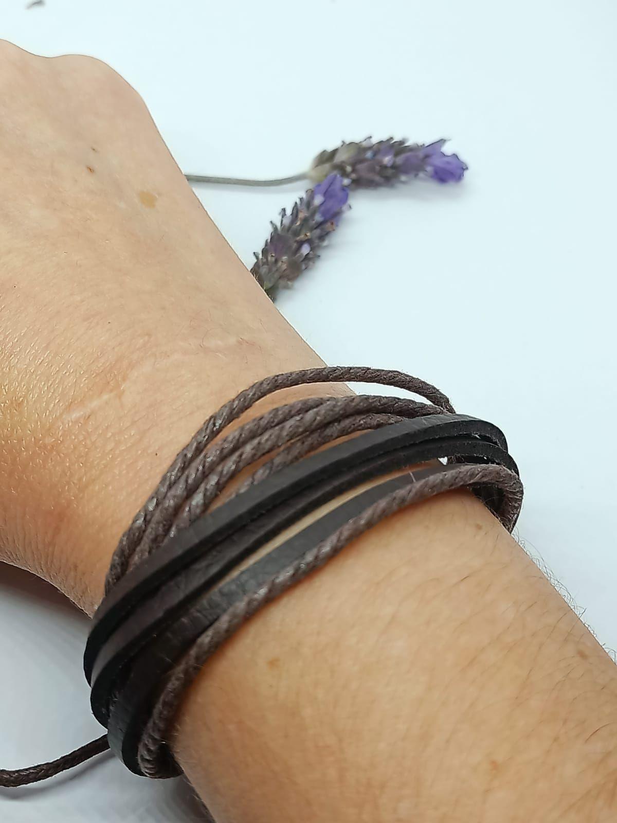 Pulsera De Cuero Y Cuerda Trenzada Negra Ajustable-2
