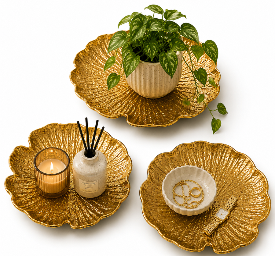 Set Platos Decorativos Hoja Nen far con Borde Dorado 3 Piezas-2