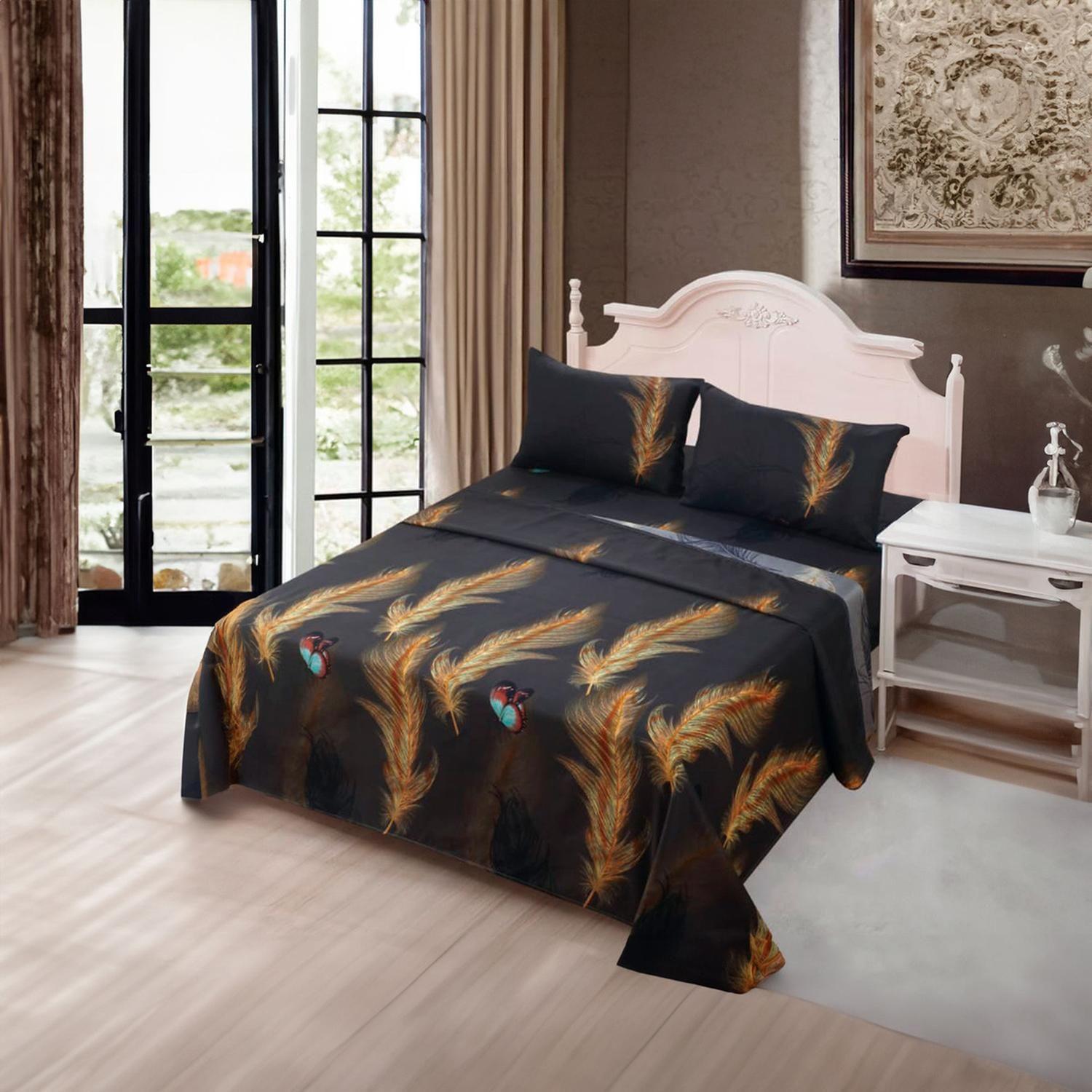 Juego De Sabanas 3.0 Algodon 200 Hilos Plumas Cafe 599-1