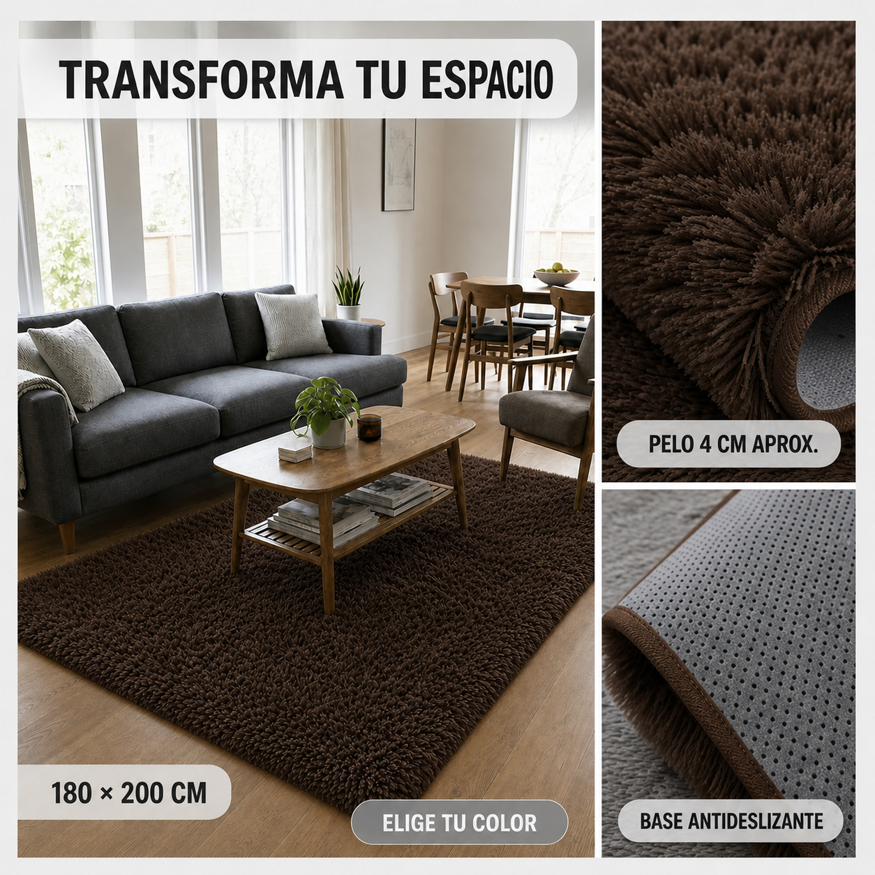 Alfombra Shaggy Pelo Medio 180×200 Cm Antideslizante 026 Diseño Moderno-5