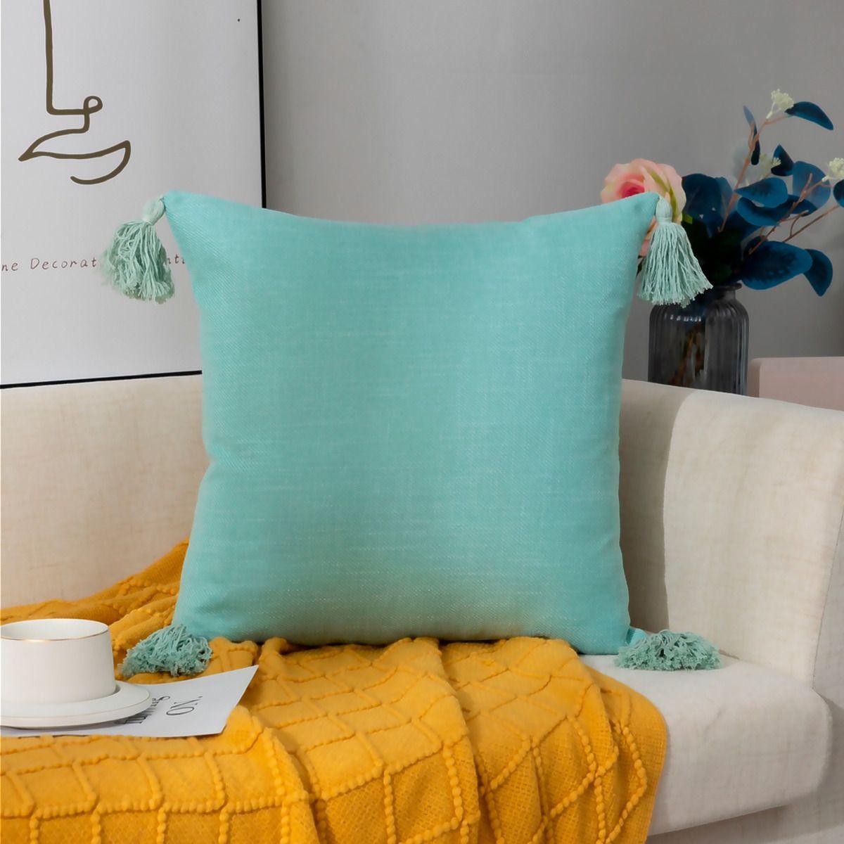 Funda Cojín Turquesa | 45x45 cm con Borlas Decorativas - 615-1