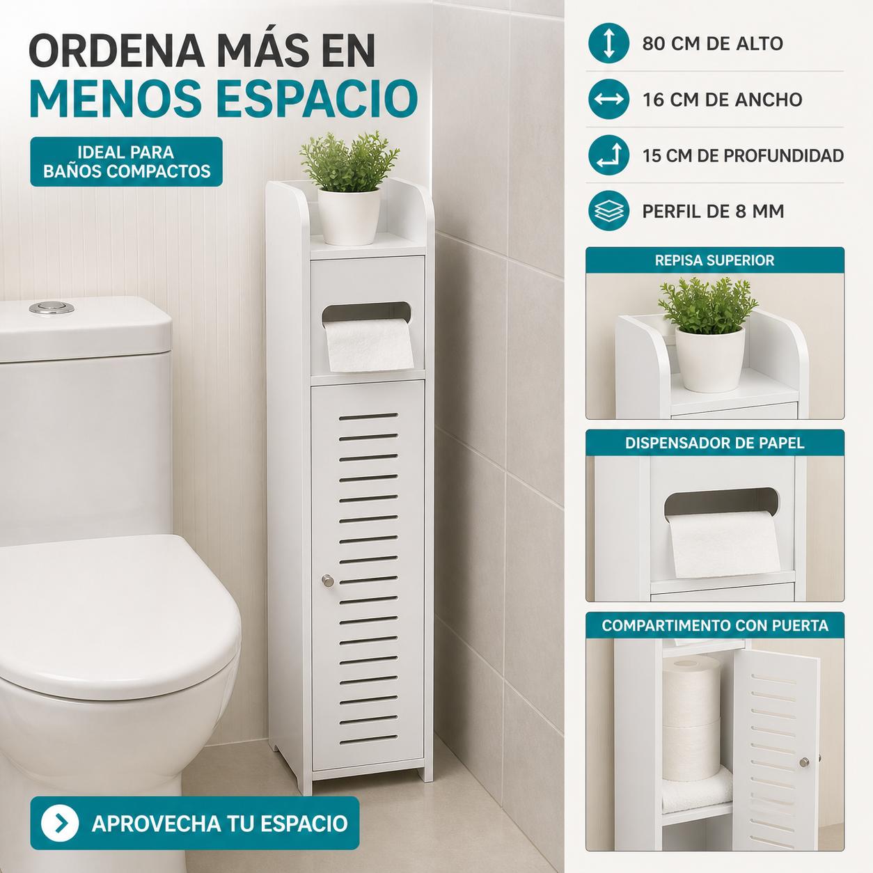 Mueble de Baño Armonia 339 Blanco 80 cm de Alto con Portapapel y Estantes-6