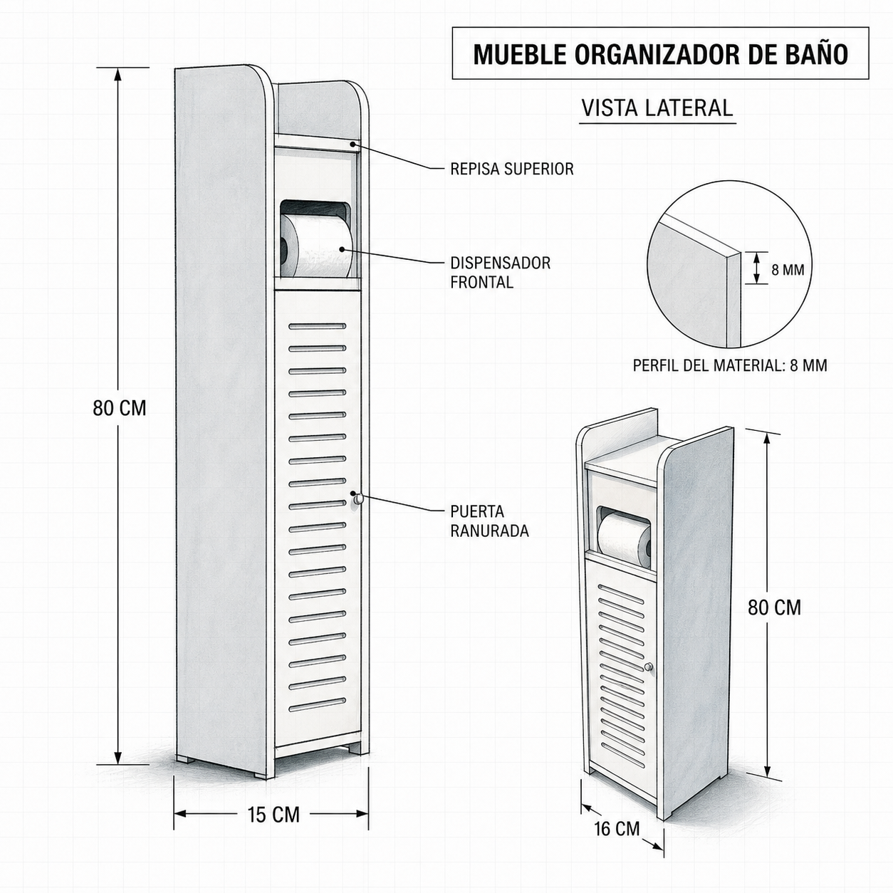 Mueble de Baño Armonia 339 Blanco 80 cm de Alto con Portapapel y Estantes-7