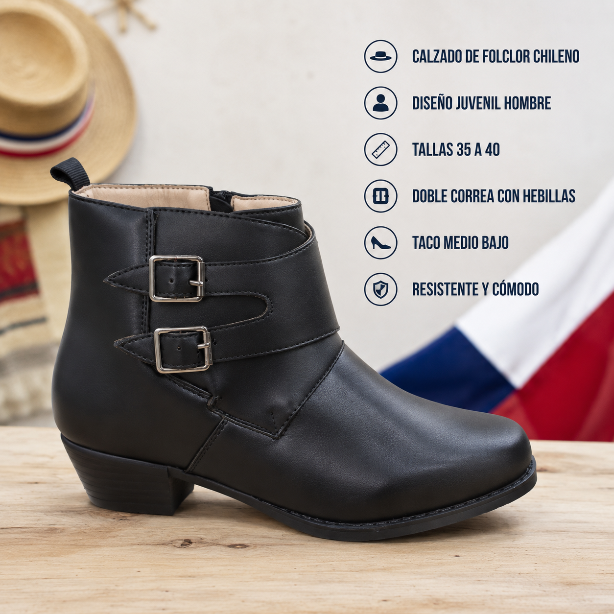 Botín de Huaso Juvenil Negro con Doble Hebilla 7604-3
