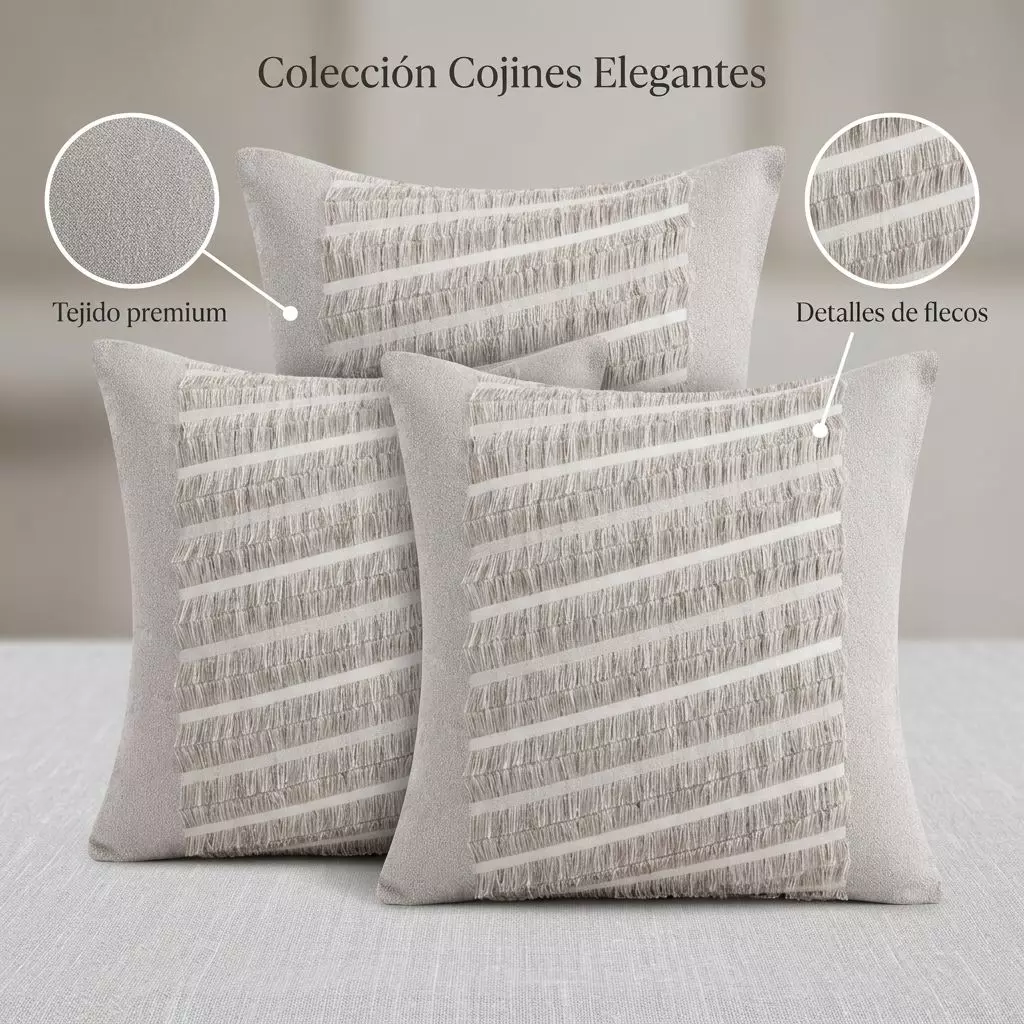 Funda de Cojín Poliéster Gris con Franjas y Flecos 45x45 Modelo 768 3 Unids-5