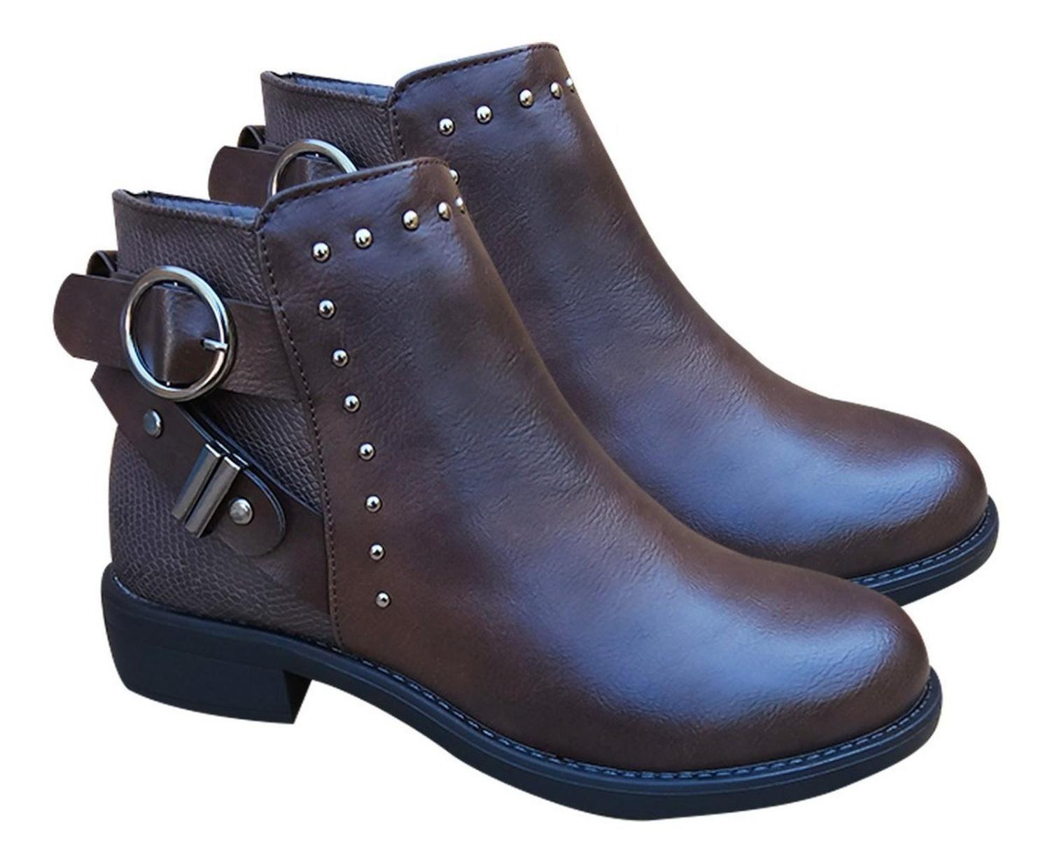 Botin De Mujer Cuero Pu Casual Otoño Invierno Marrón - 7143-2