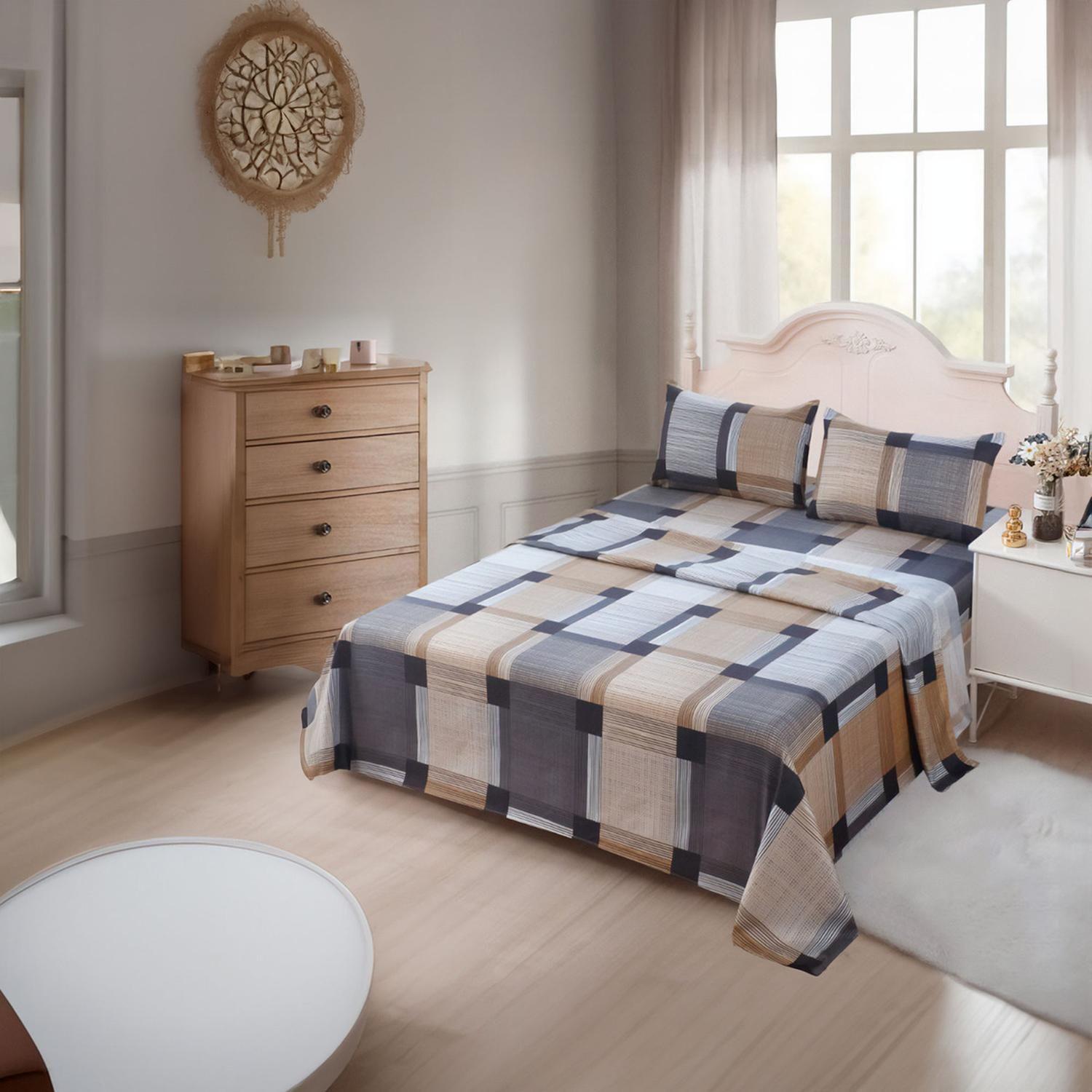 Juego De Sabanas 3.0 Algodon 200 Hilos Cuadrille Cafe 617-2