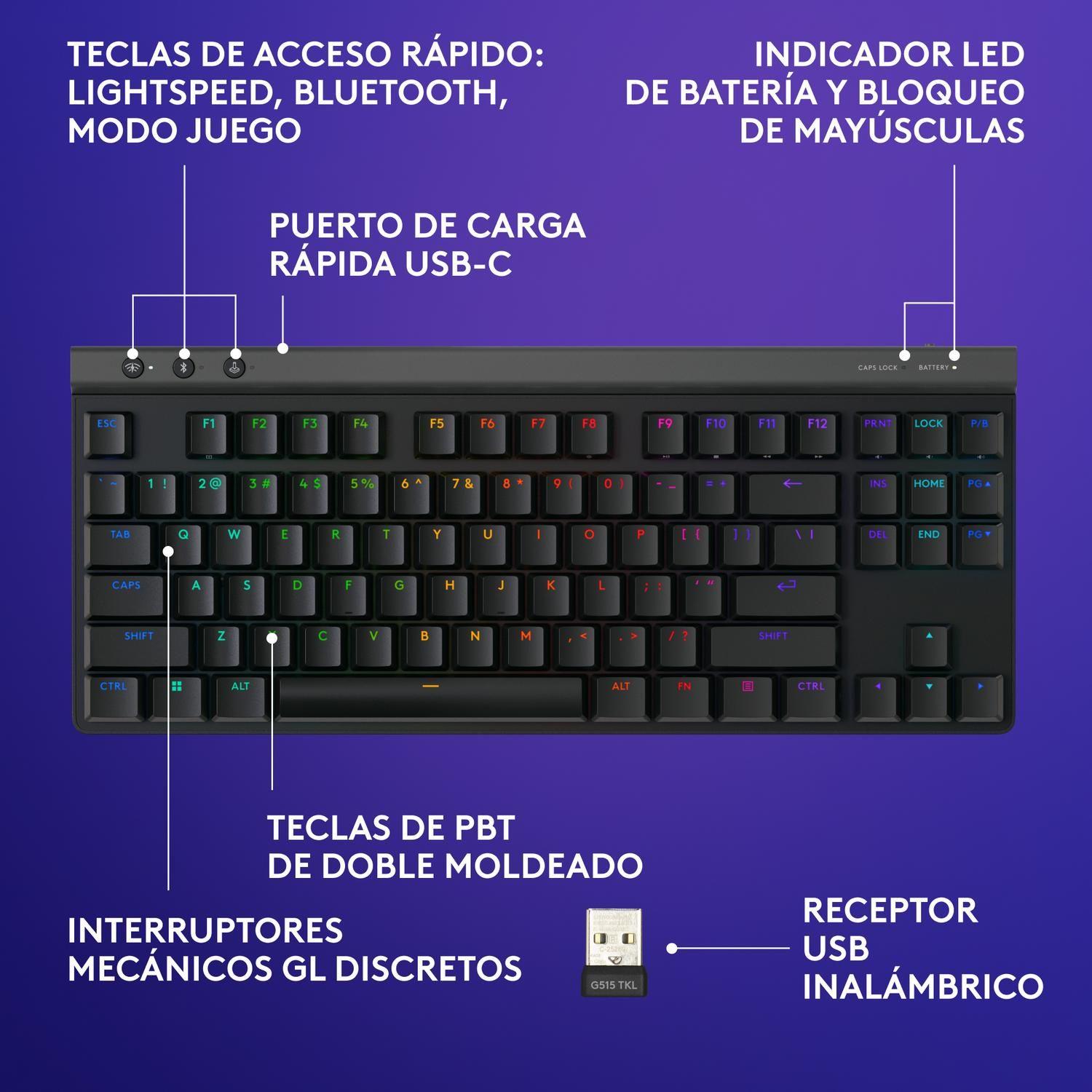 Teclado Gamer Inalambrico Logitech G515 Lightspeed TKL Negro Ingles-5