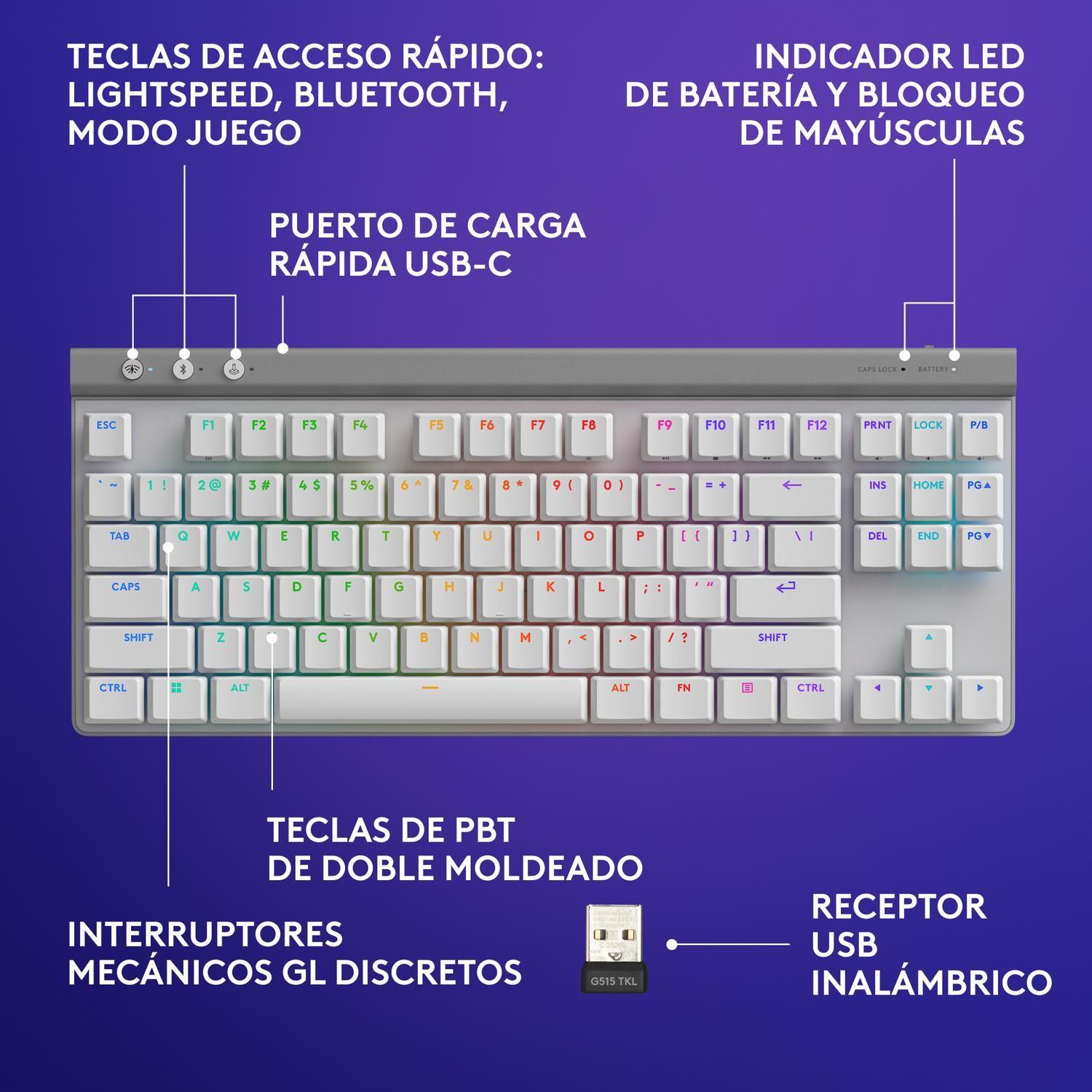 Teclado Gamer Inalambrico Logitech G515 Lightspeed TKL Blanco Ingles-5