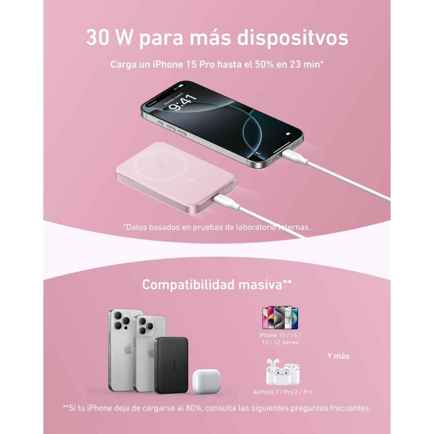 Powerbank Magnética Slim Batería Externa MagGo Anker 10.000 mAh Qi2 Wireless Rosa-6