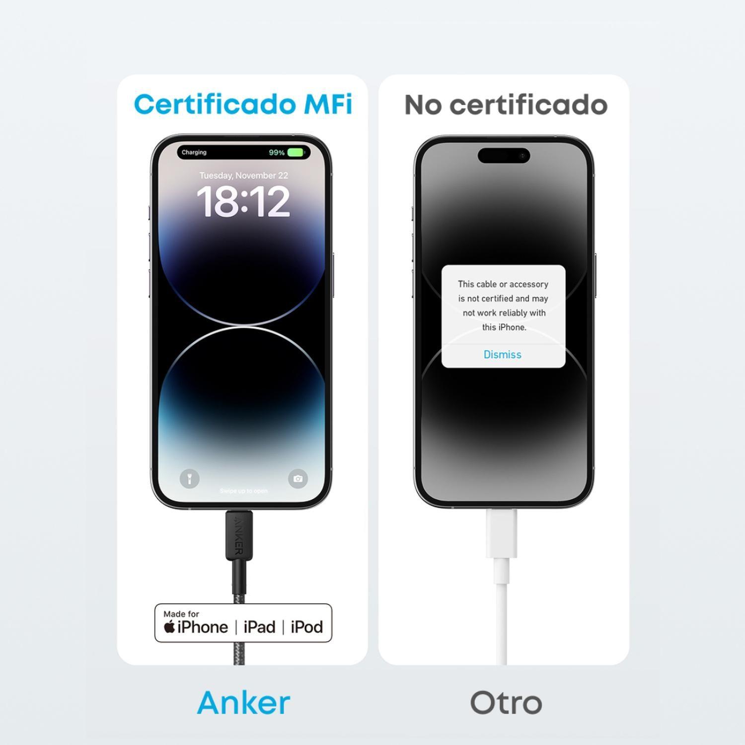 Cable USB-C a Lightning Anker Carga Rápida 60W 2m Negro-3