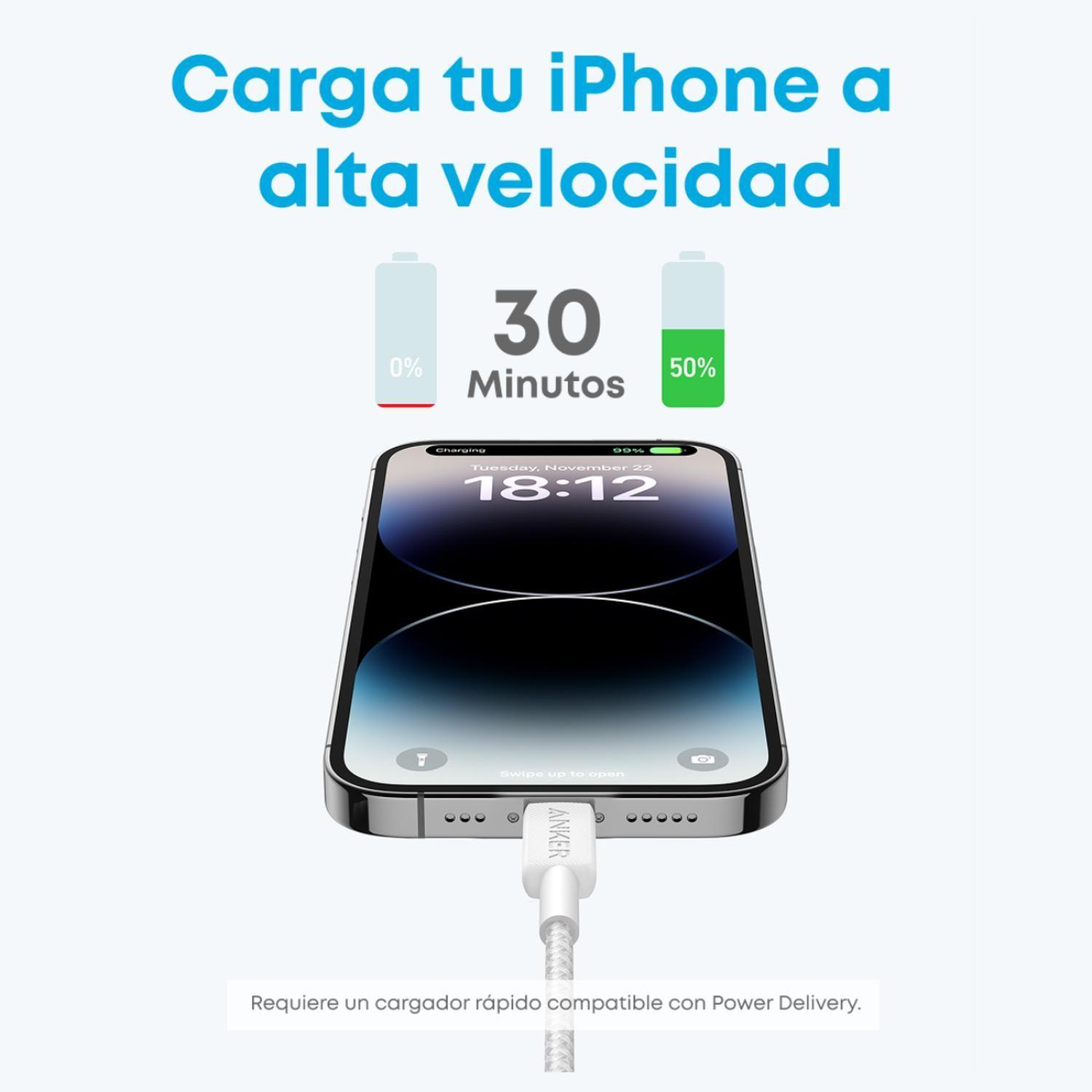 Cable USB-C a Lightning Anker Carga Rápida 60W 1m Blanco-3
