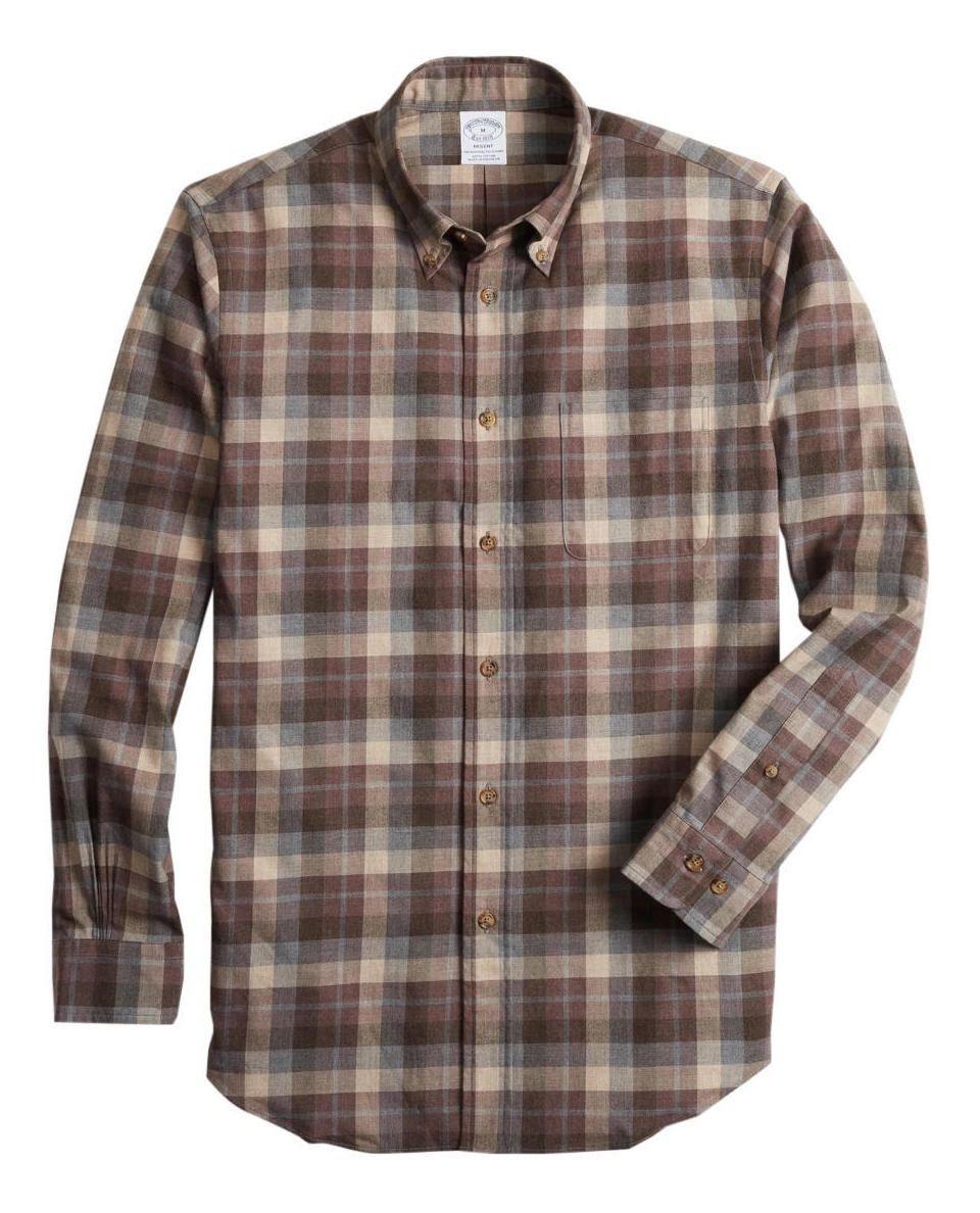 Camisa Brooks Brothers Hombre Regent Fit Tan Plaid Brush. Brooks Brothe Café-0