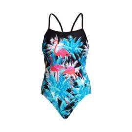 Ladies Single Strap One Piece - Flamingo Night - Azul - Funkita-2