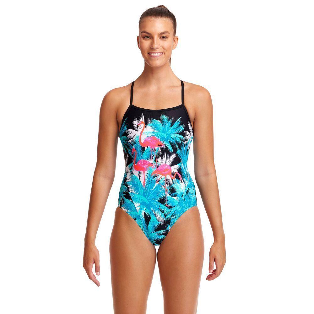Ladies Single Strap One Piece - Flamingo Night - Azul - Funkita-0