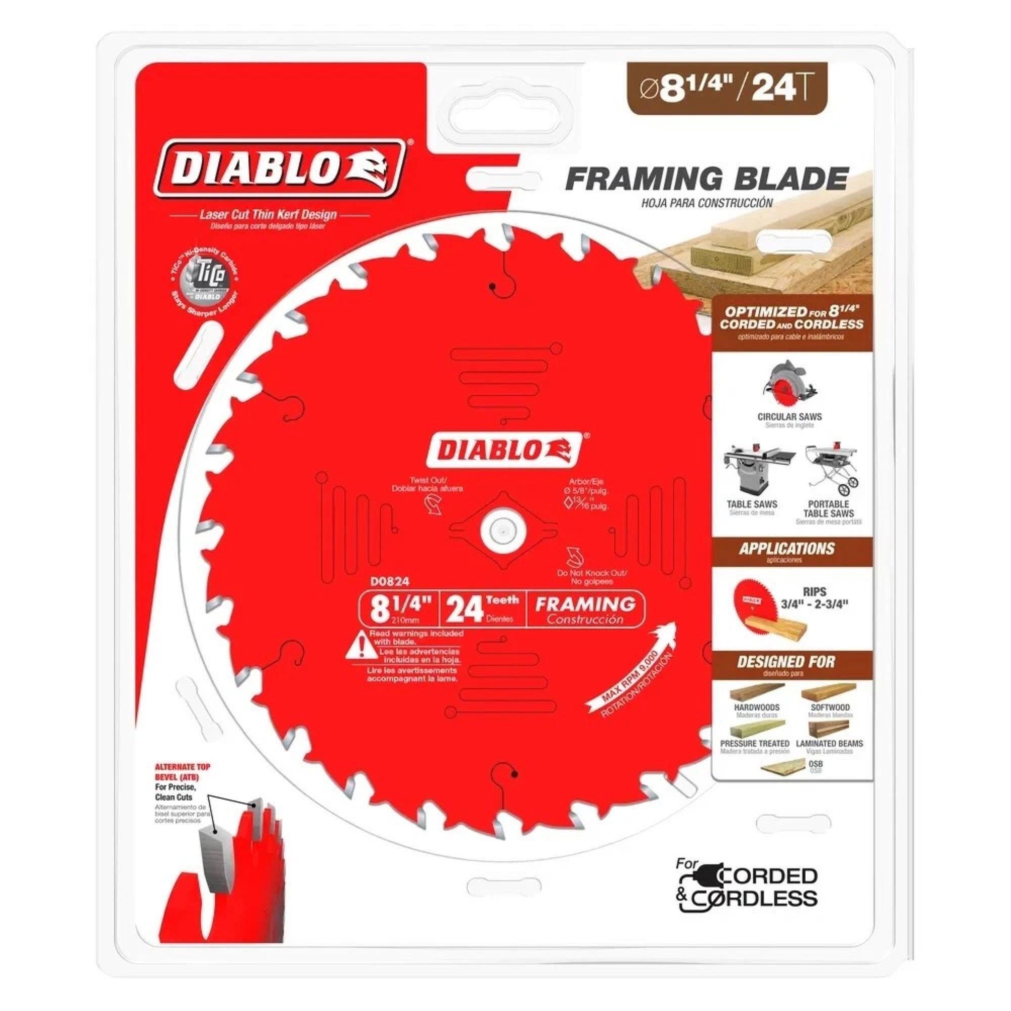 Disco Sierra 8-1/4 24 Dientes Madera Diablo D0824X-0