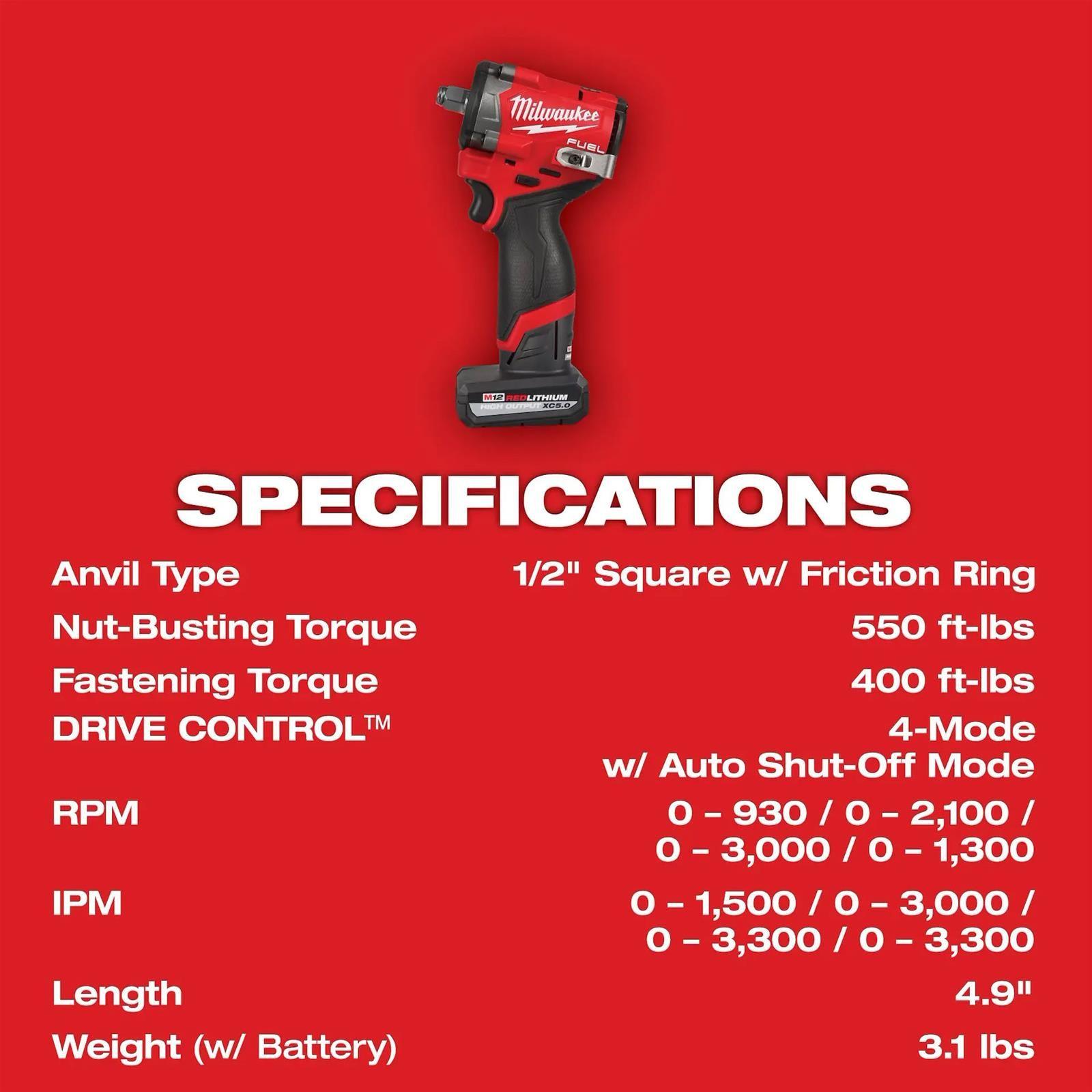 Kit Llave de Impacto Inalámbrica 1/2 M12 FUEL Milwaukee 2563-22-6