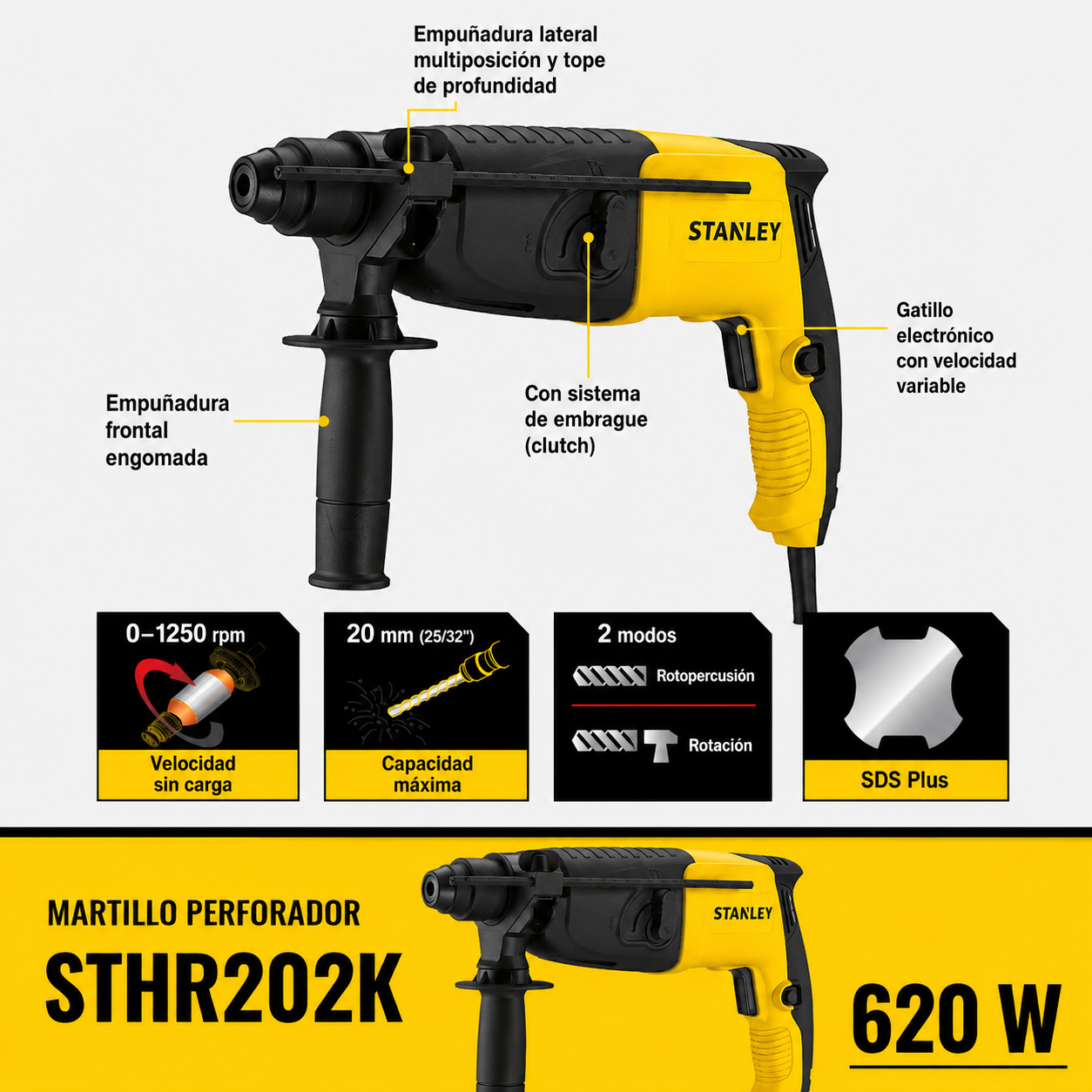 Rotomartillo SDS PLUS 20mm 620W Stanley STHR202K-B2C-1