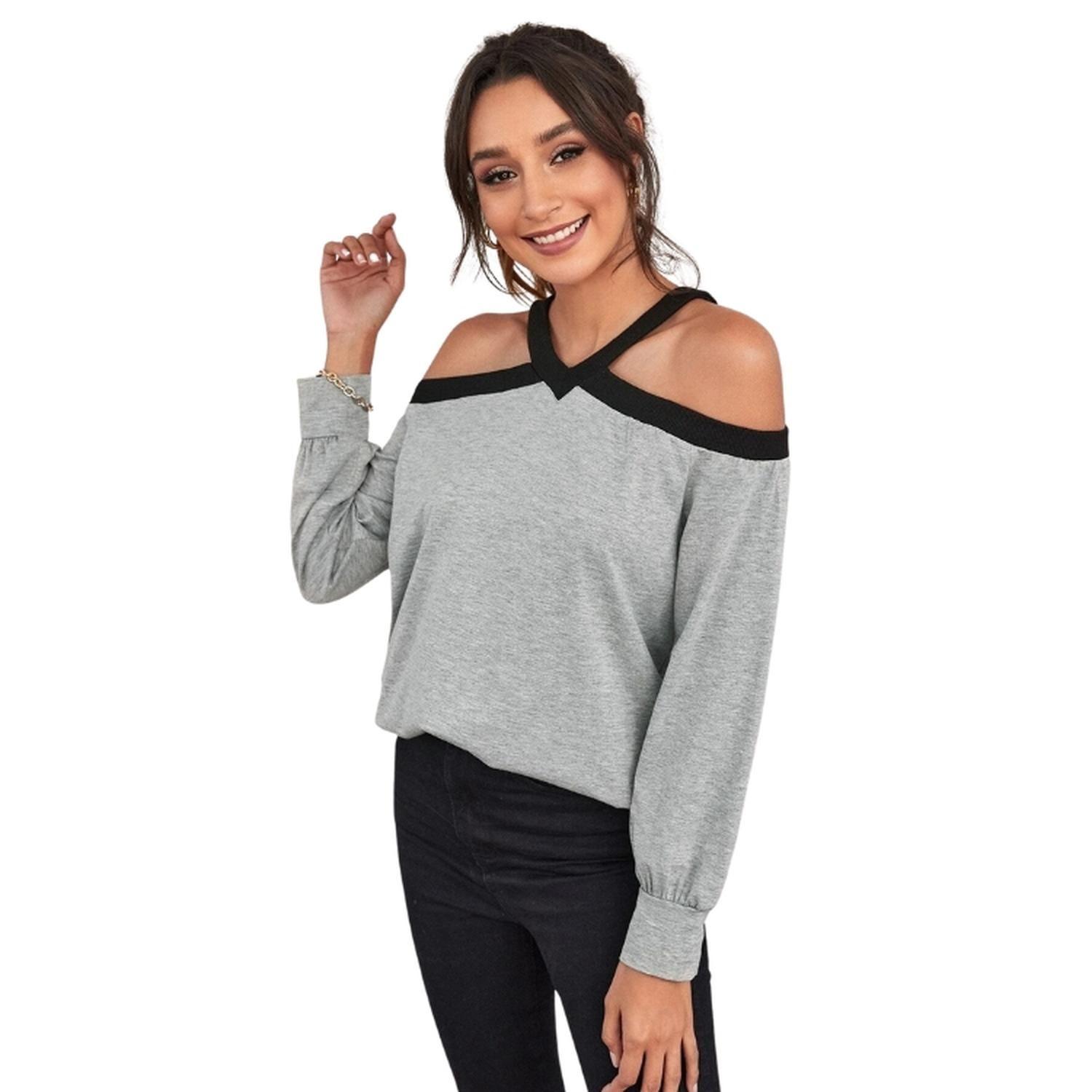 Camiseta de Hombros Descubiertos Color Combinado-4