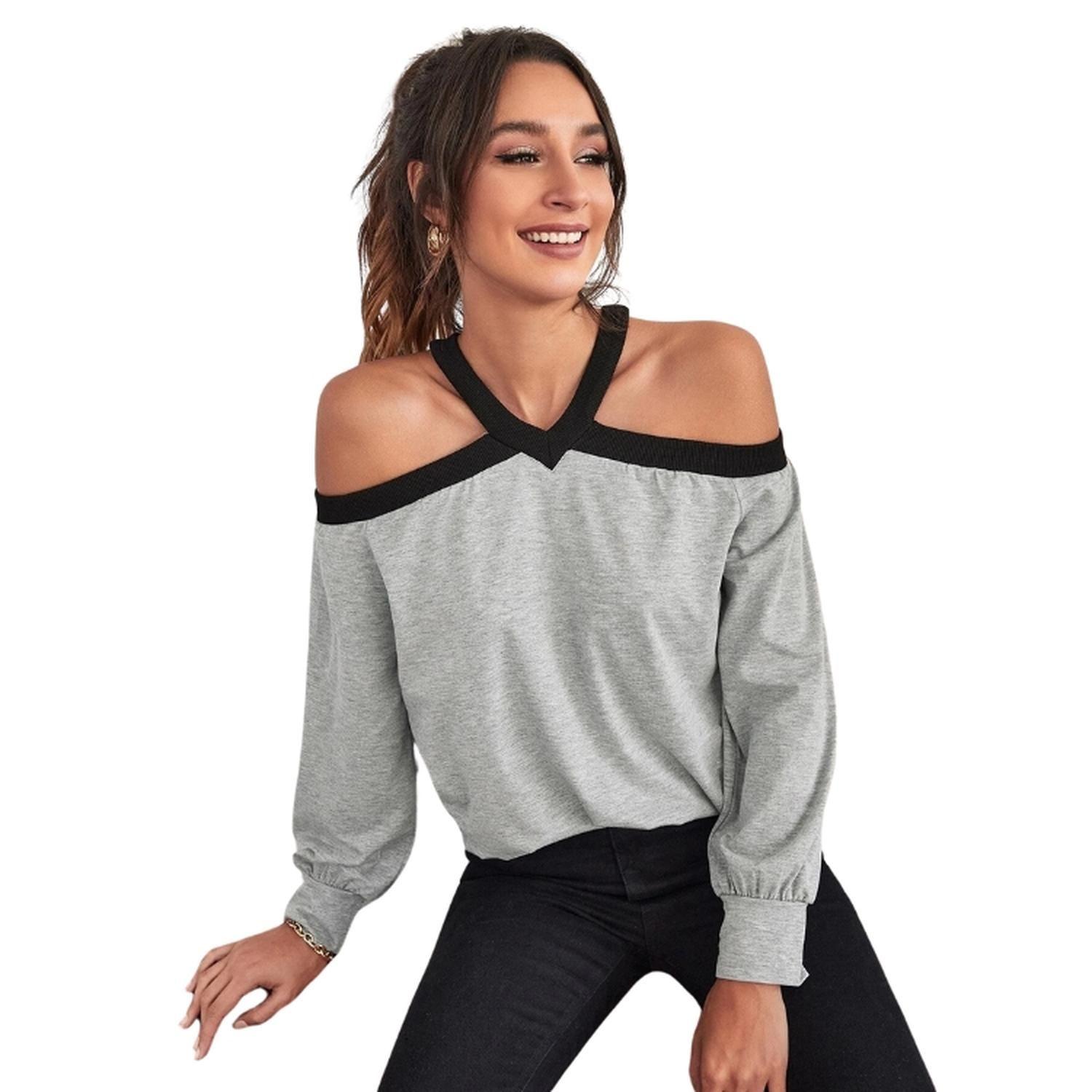 Camiseta de Hombros Descubiertos Color Combinado-5