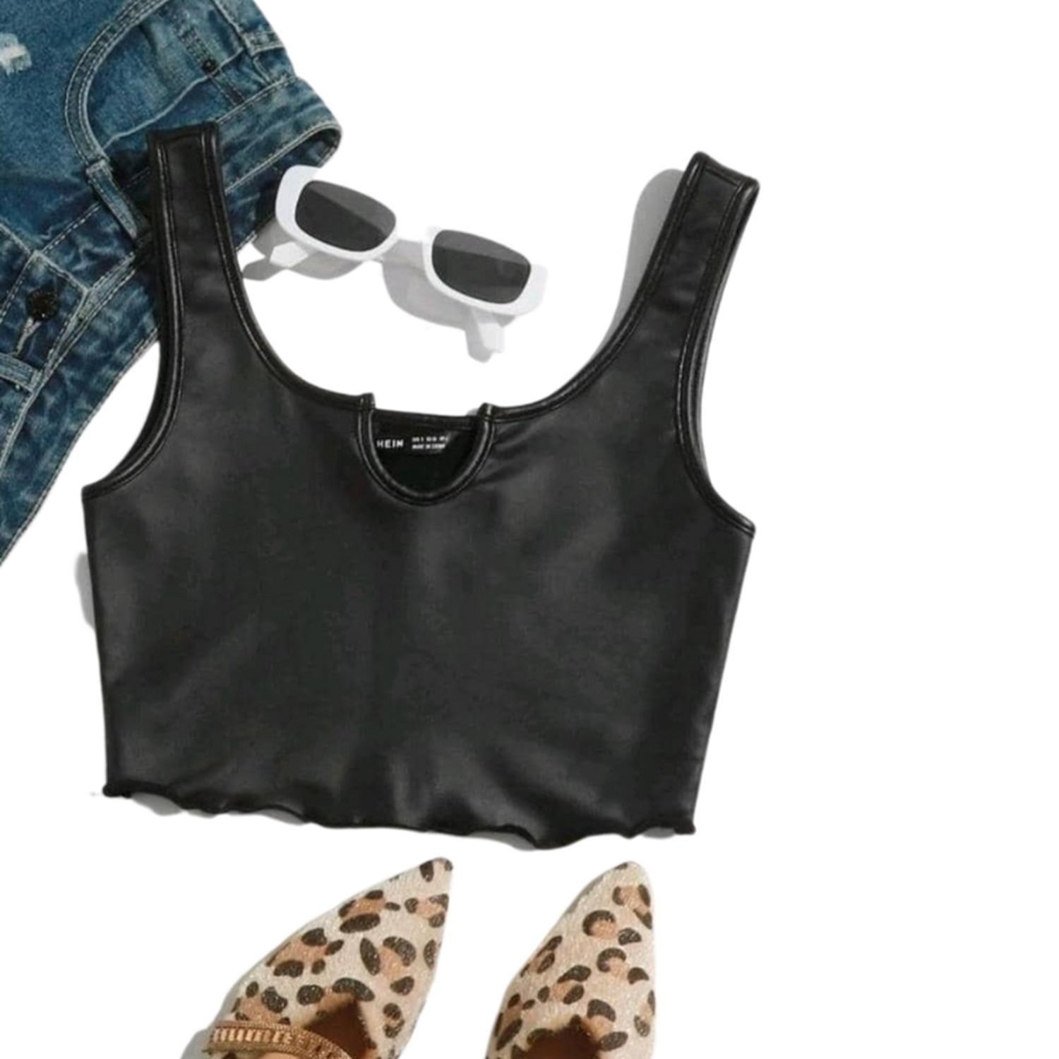 Crop Top de PU sin Mangas-0