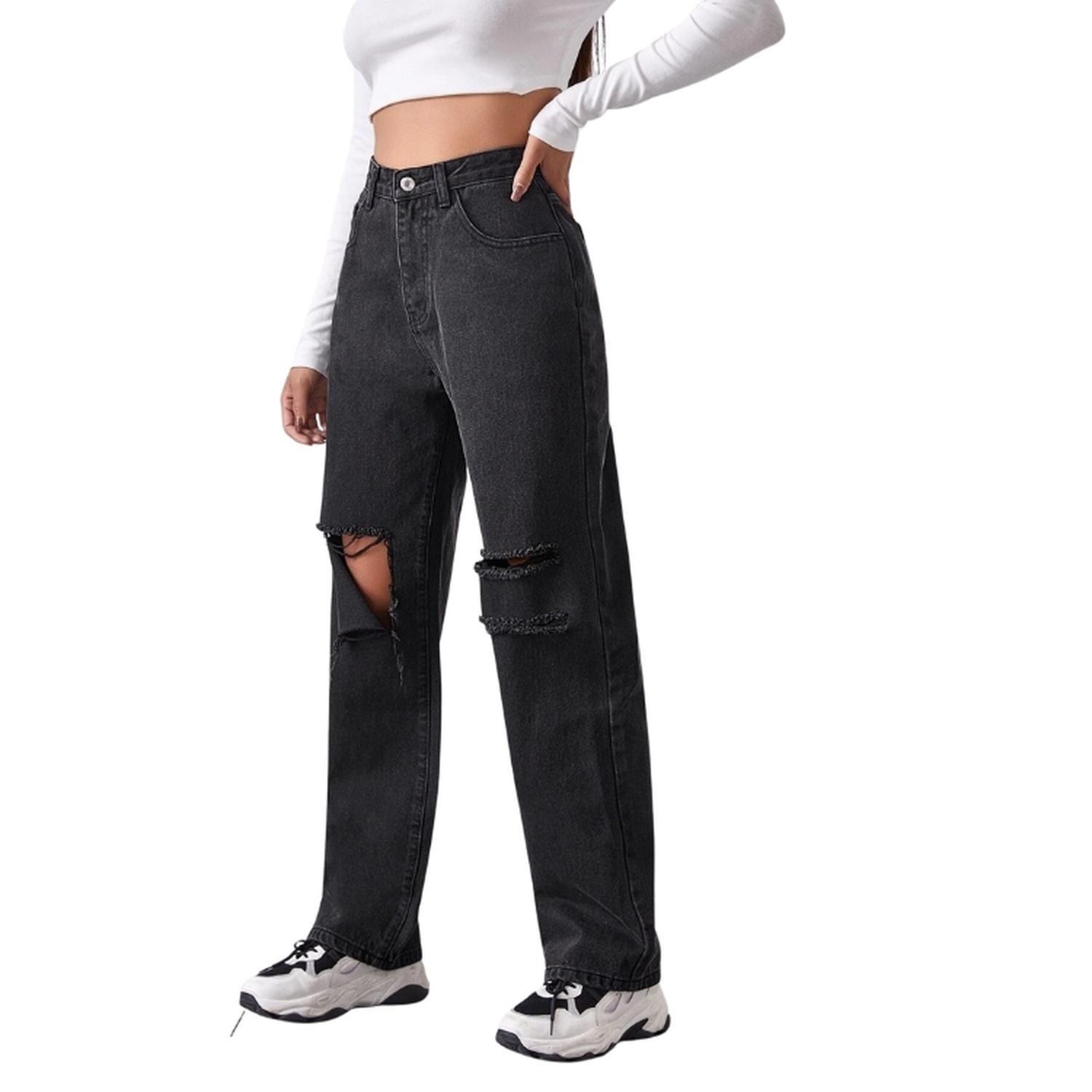 Jeans Anchos Rotos de Cintura Alta-4