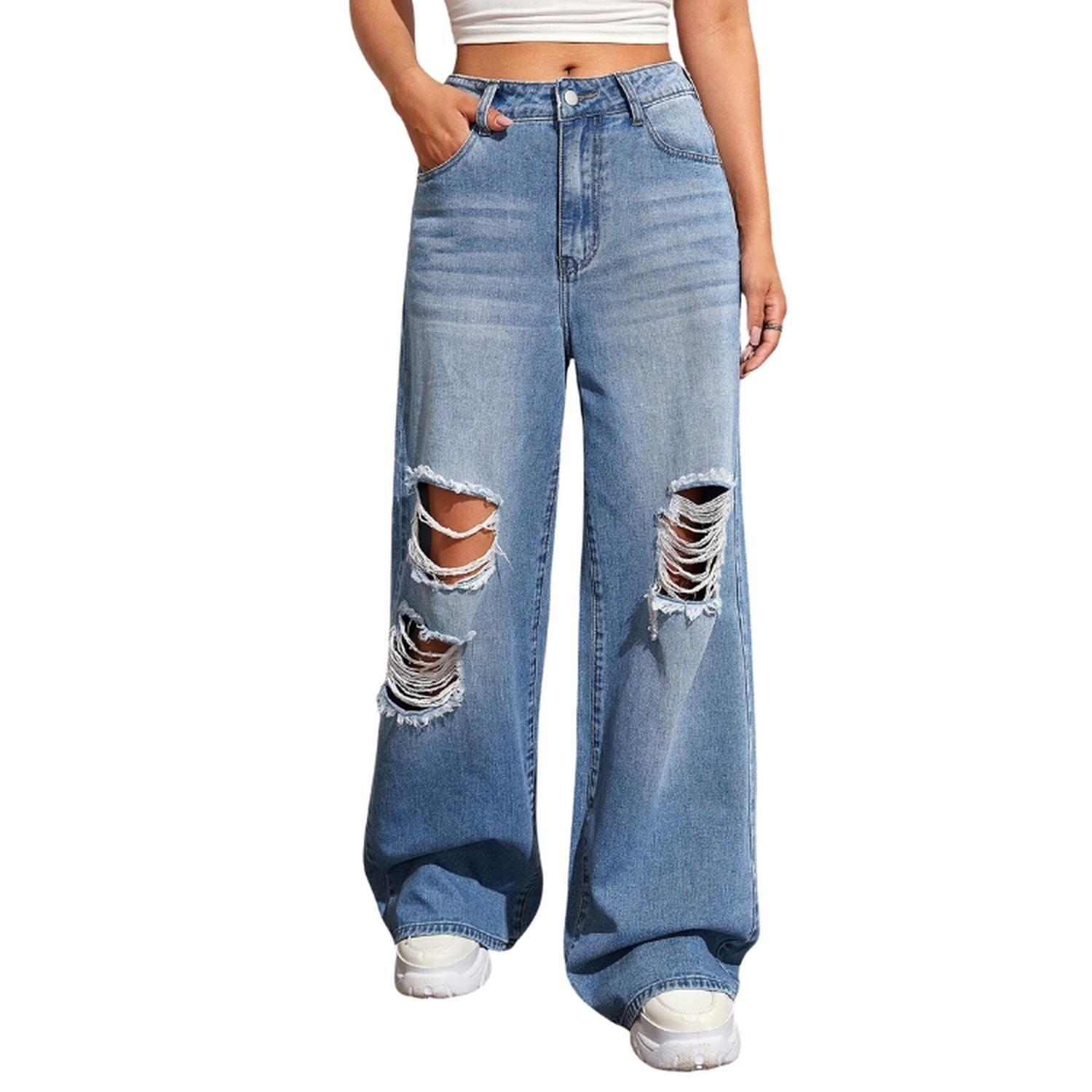 Jeans de Pierna Ancha Rotos - Color Azul-3