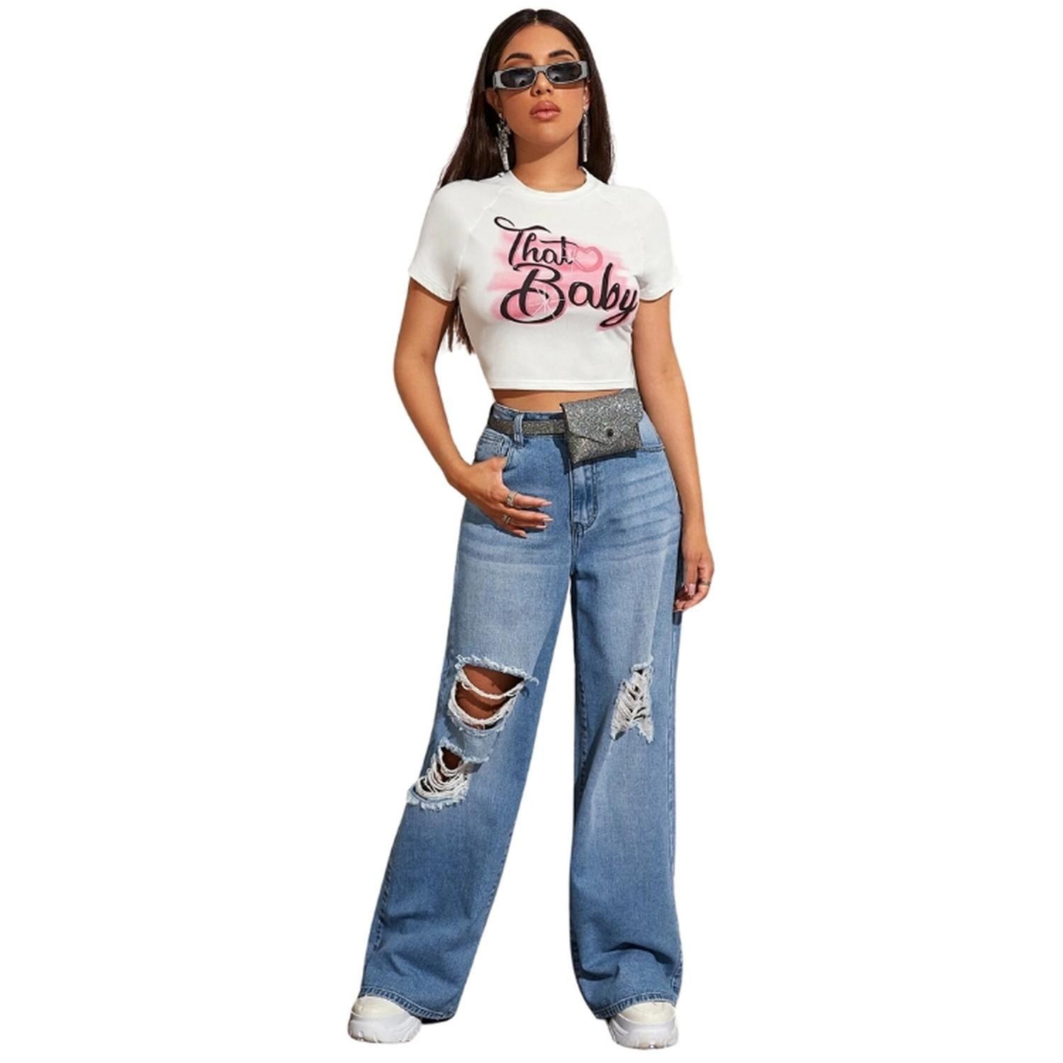 Jeans de Pierna Ancha Rotos - Color Azul-4