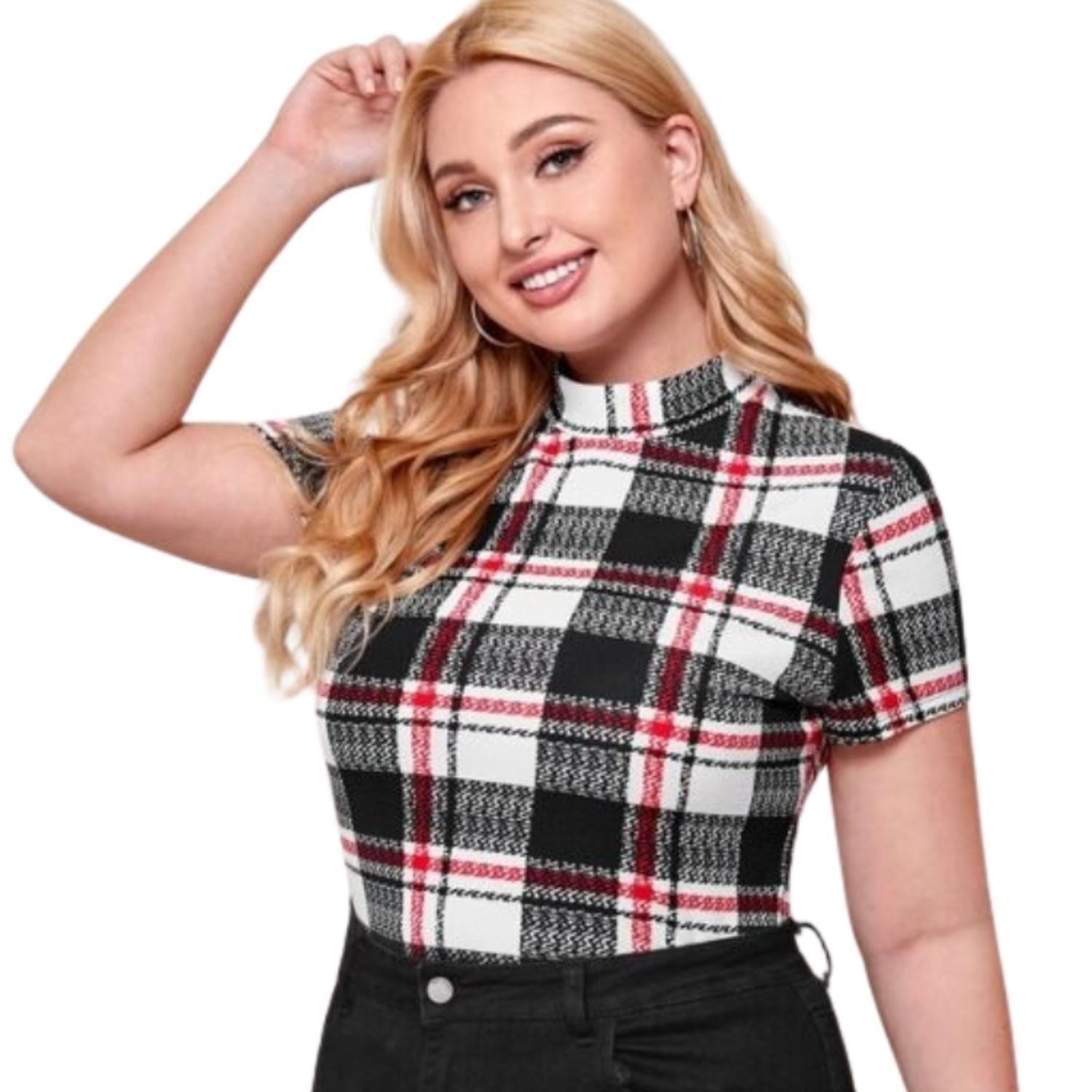 Camiseta Elegante de Cuadros Cuello Alto Shein Exclusive-2