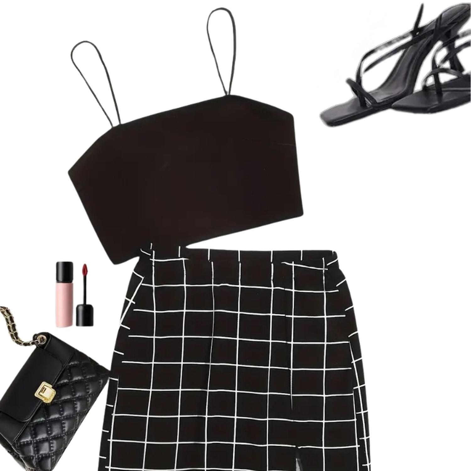 Conjunto de Top Liso y Falda con Estampado de Cuadros-3