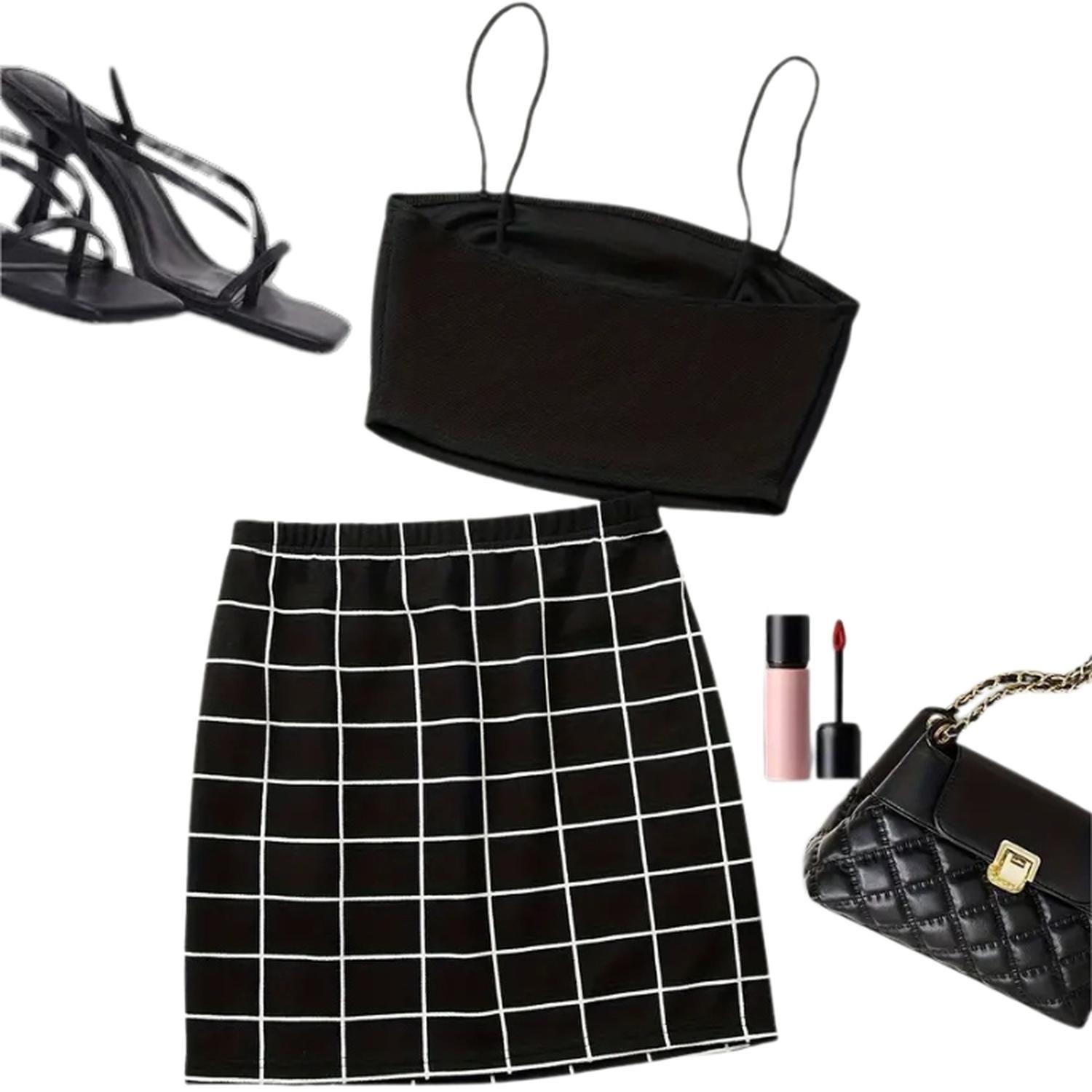 Conjunto de Top Liso y Falda con Estampado de Cuadros-4