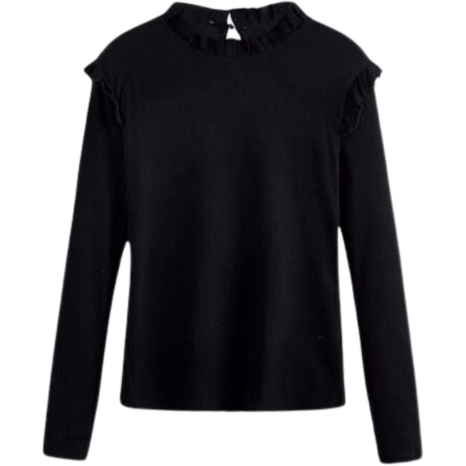 Camiseta de Punto Negro con Ribetes de Volantes-3