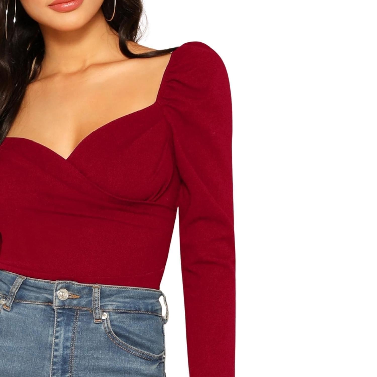 Polera burdeos con escote corazón, mangas farol, ajuste ceñido.-2