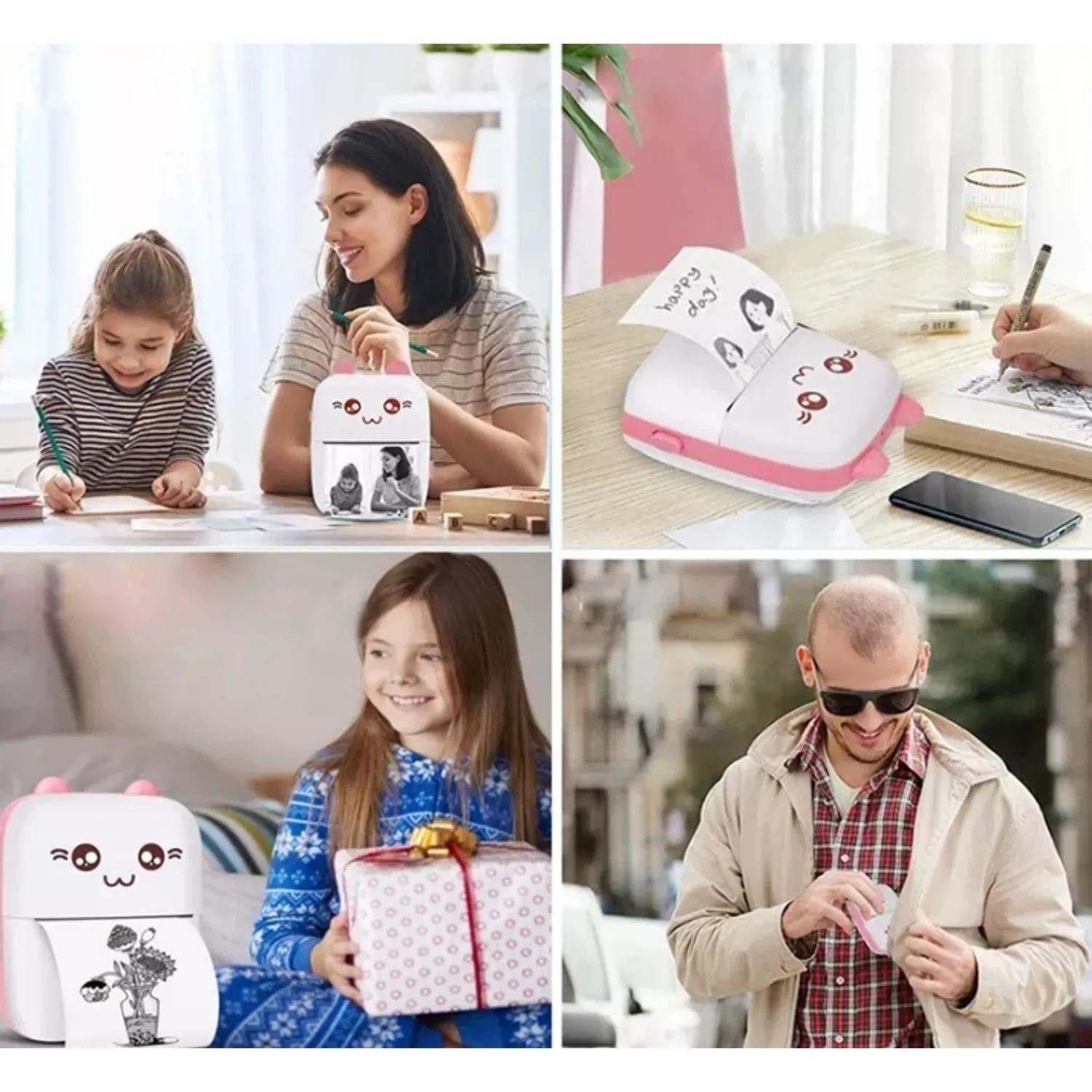 Mini Impresora Térmica Portátil Bluetooth Gatito 6 Rollos-2