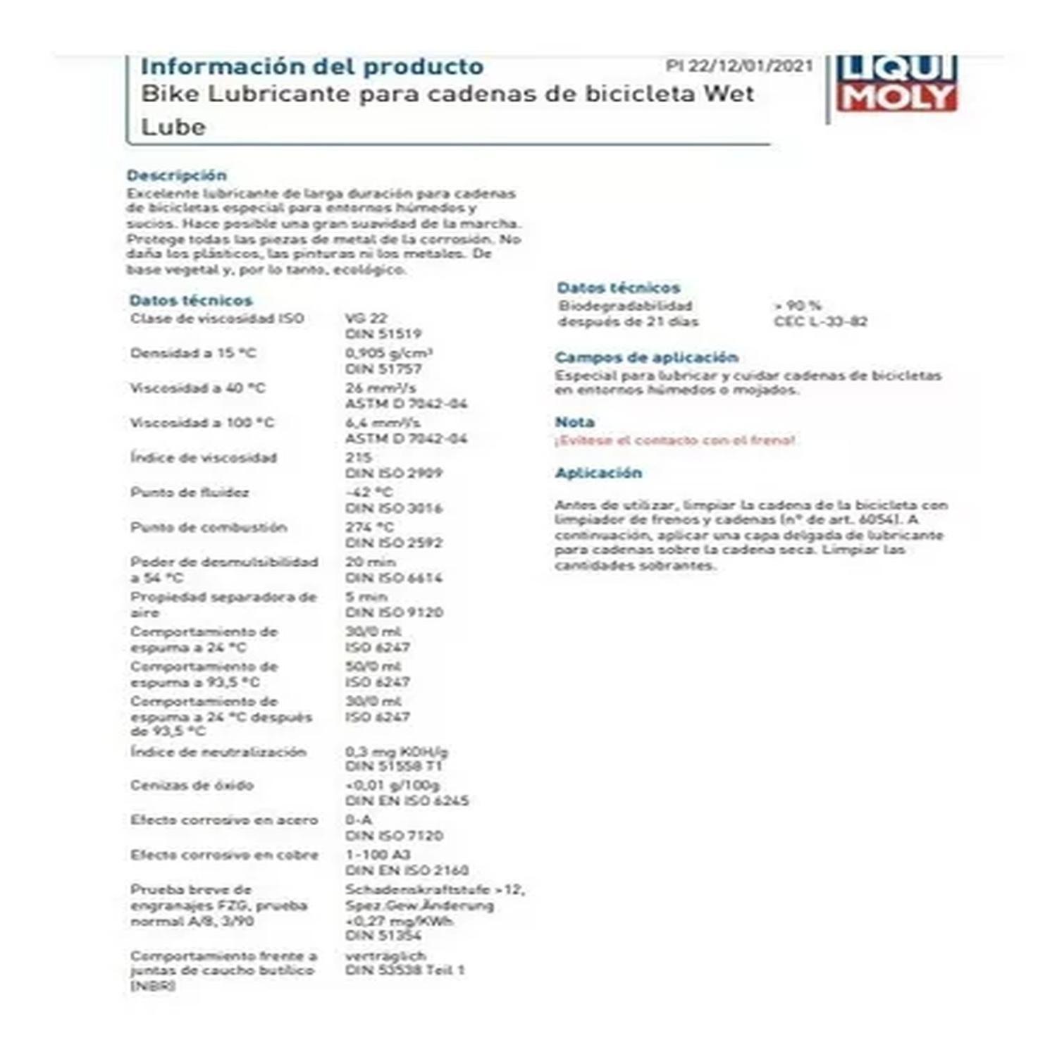 Lubricante Aceite Cadena Bicicleta Wet Lube Liqui Moly 100ml-3