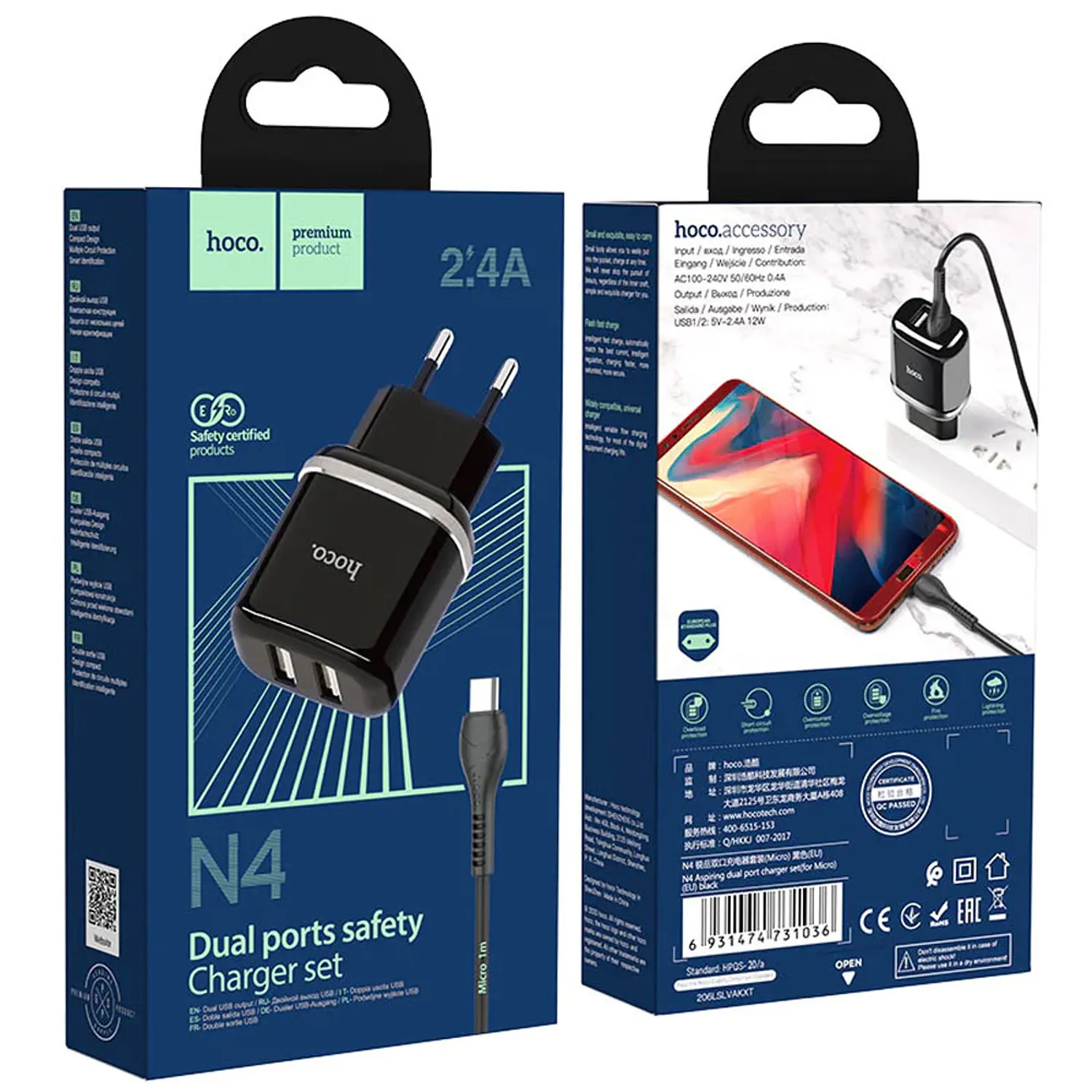 CARGADOR CON CABLE HOCO N4 - DOBLE PUERTO SET MICRO - USB-3