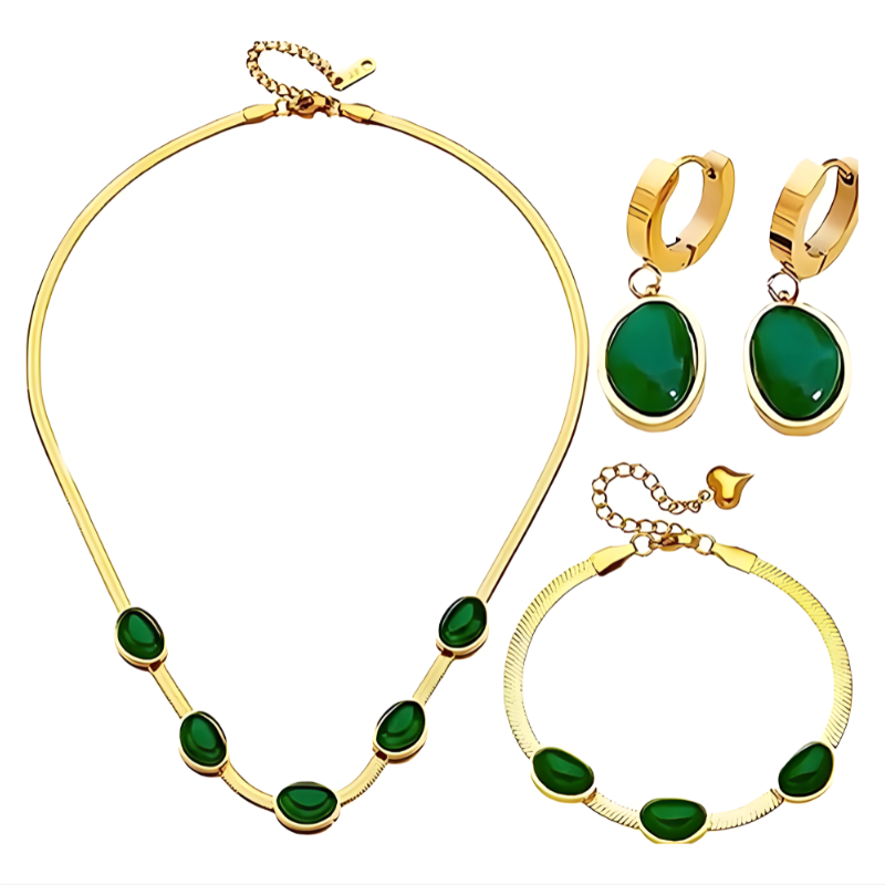 Juego De Joyas Piedras Verde Esmeralda 3 Piezas Para Mujer-0