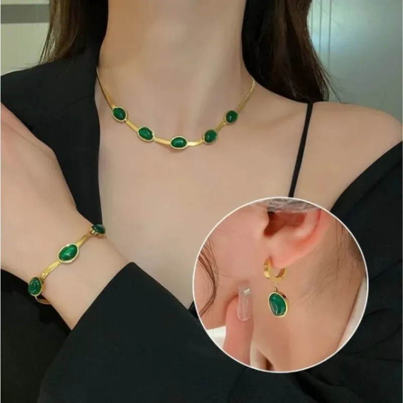 Juego De Joyas Piedras Verde Esmeralda 3 Piezas Para Mujer-1