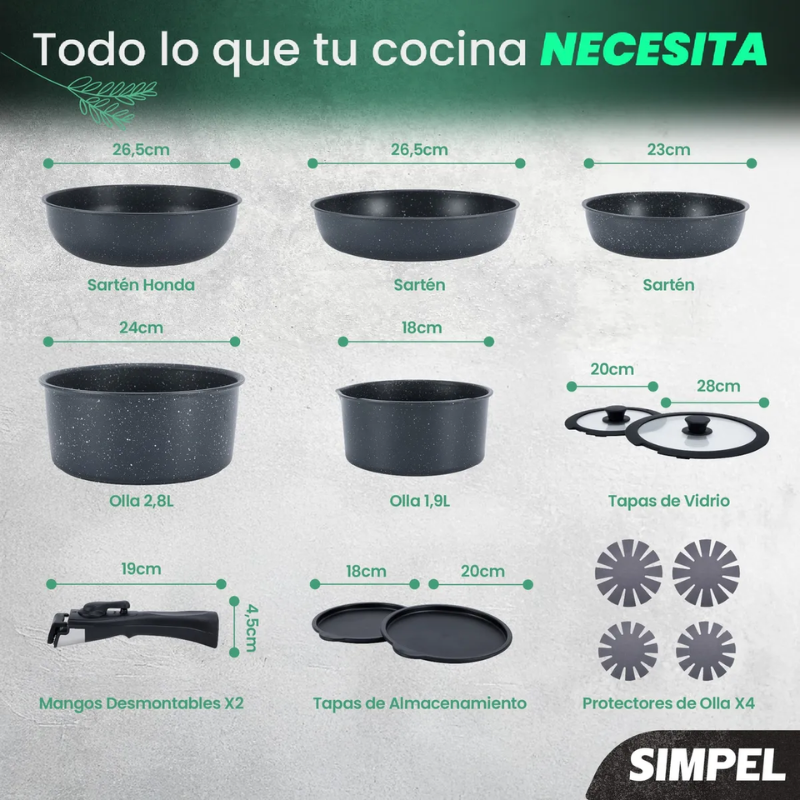 Juego De Ollas Y Sarten Simpel Antiadherente Granito 15pzs Negro-2