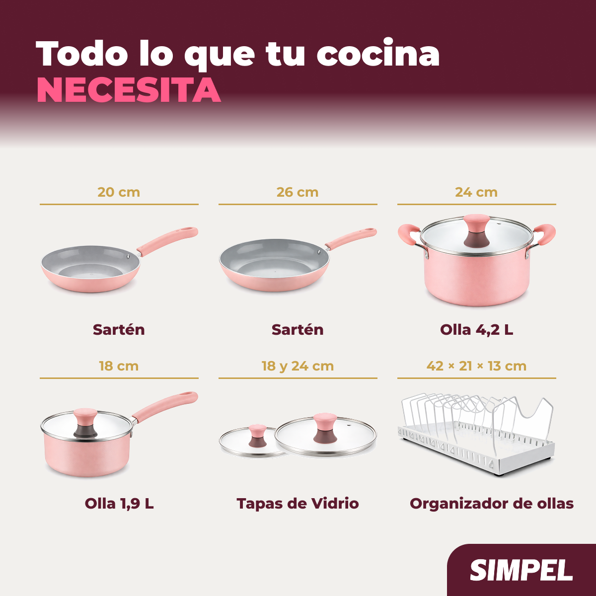 Juego De Ollas Y Sartenes 7 Piezas Antiadherente De Cer mica Rosa-4