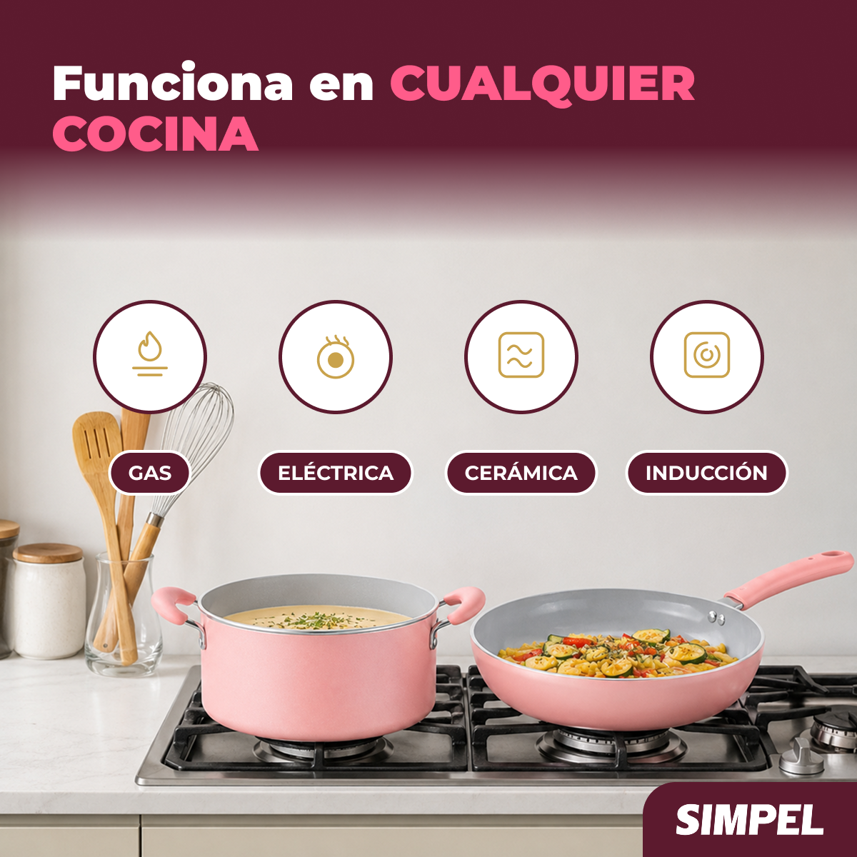 Juego De Ollas Y Sartenes 7 Piezas Antiadherente De Cer mica Rosa-5