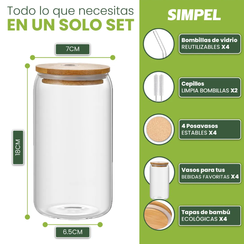 Vasos Tapa Bamb Simpel 550ml Con Posavasos Y Bombillas Transparente-4